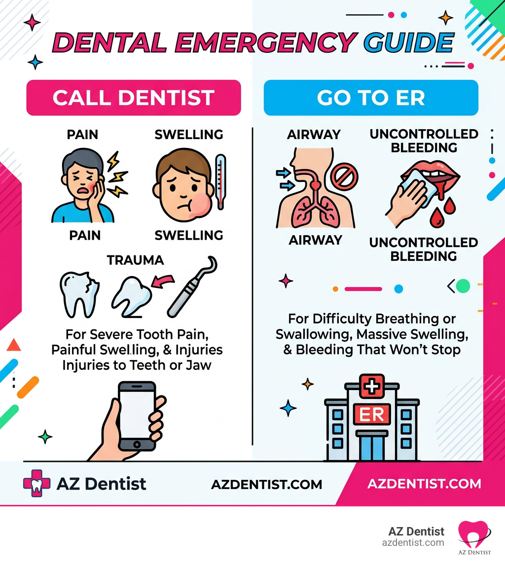 Infographic: call dentist for pain swelling trauma; go to ER for airway or uncontrolled bleeding infographic Infographic: call dentist for pain swelling trauma; go to ER for airway or uncontrolled bleeding infographic
