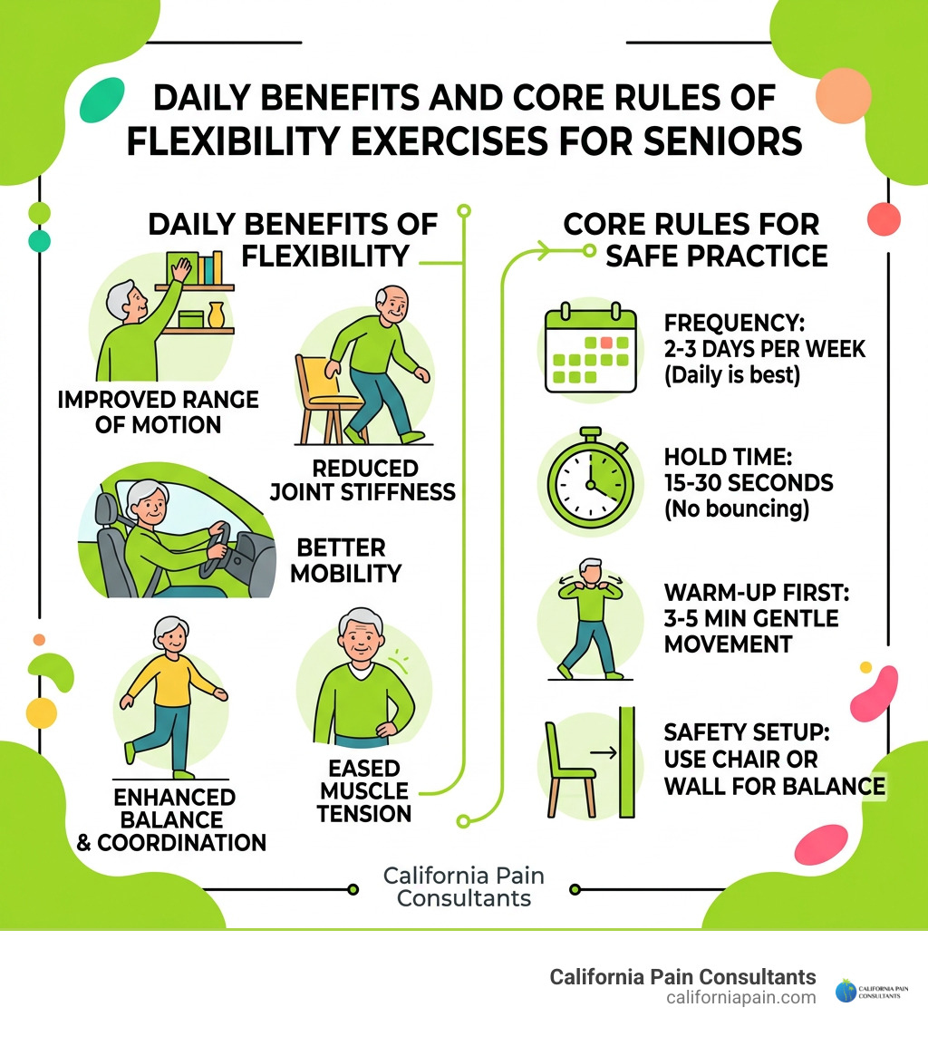 Daily benefits and core rules of flexibility exercises for seniors infographic Daily benefits and core rules of flexibility exercises for seniors infographic