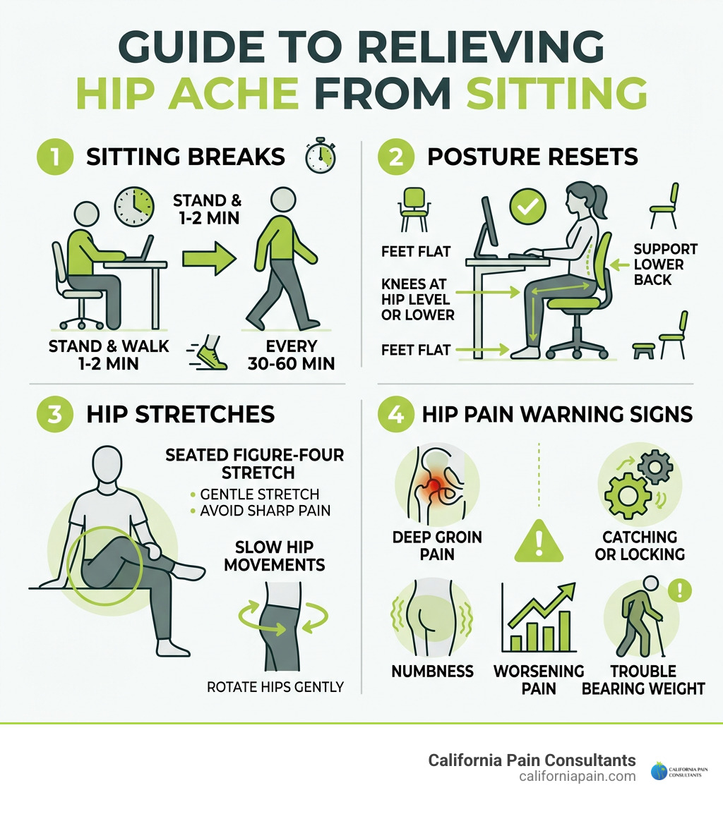Infographic showing sitting breaks posture resets hip stretches and warning signs infographic Infographic showing sitting breaks posture resets hip stretches and warning signs infographic