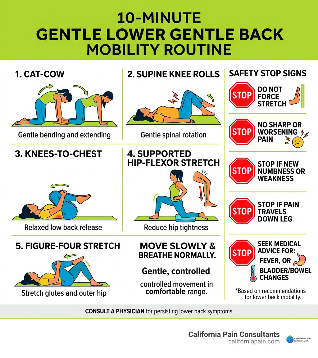 10-minute lower back mobility routine with five gentle stretches and safety stop signs infographic
