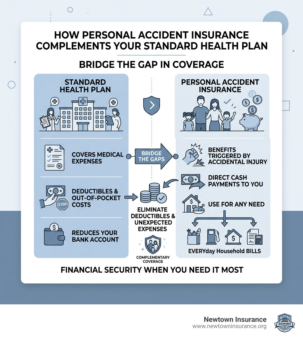 Infographic explaining how personal accident insurance complements standard health plans by covering out-of-pocket costs Infographic explaining how personal accident insurance complements standard health plans by covering out-of-pocket costs