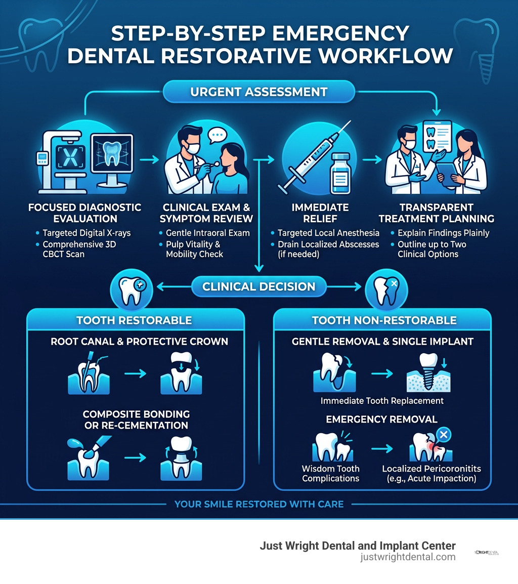 Step-by-step emergency dental restorative workflow in brand blue and navy infographic