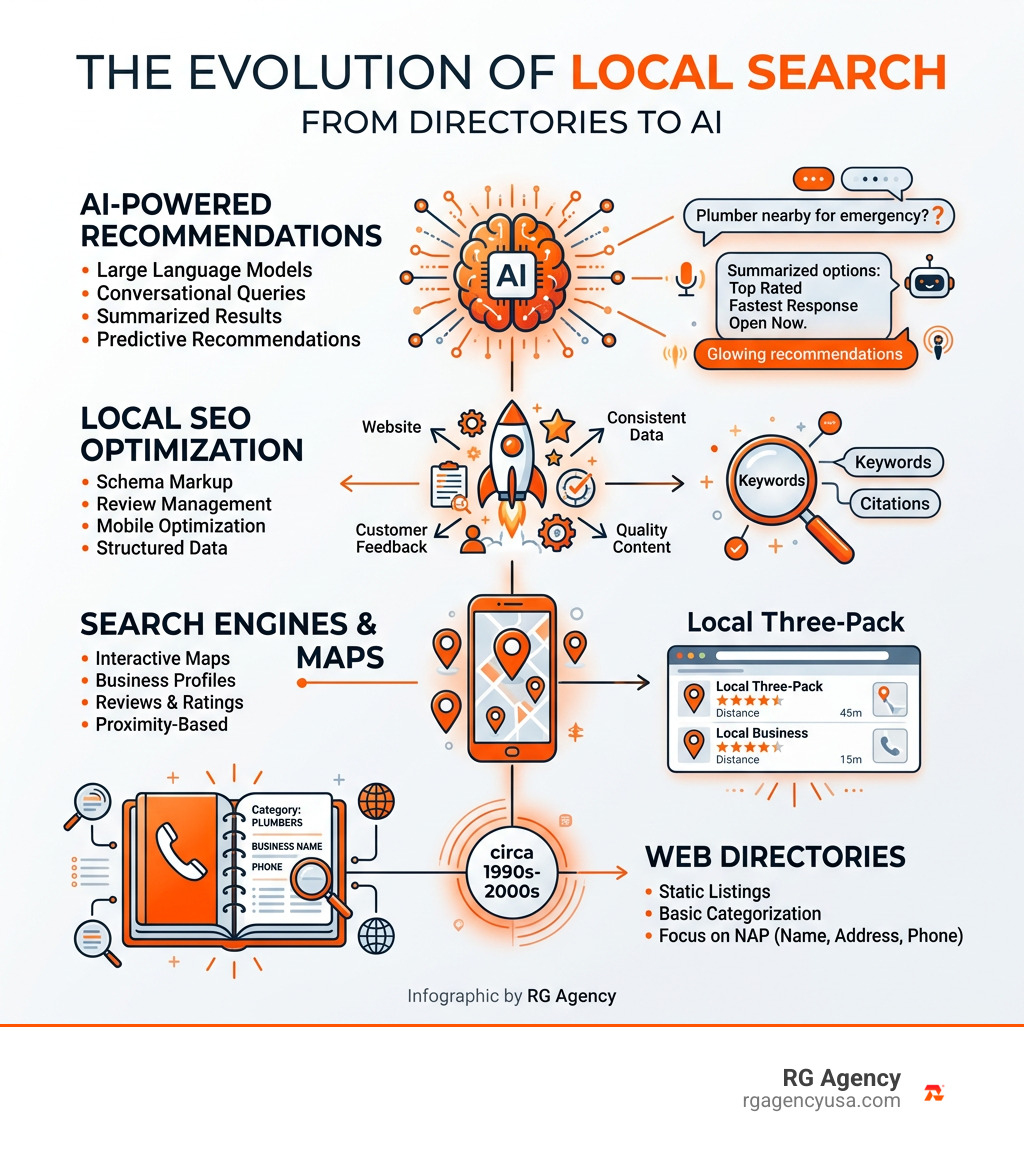 Evolution of local search from web directories to AI engines infographic Evolution of local search from web directories to AI engines infographic