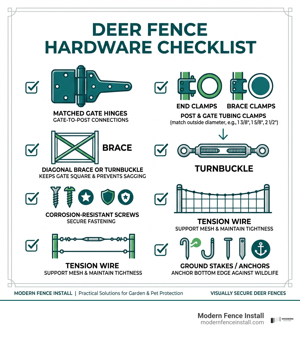 Deer fence hardware checklist: hinges, clamps, brace, turnbuckle, screws, tension wire, stakes infographic Deer fence hardware checklist: hinges, clamps, brace, turnbuckle, screws, tension wire, stakes infographic