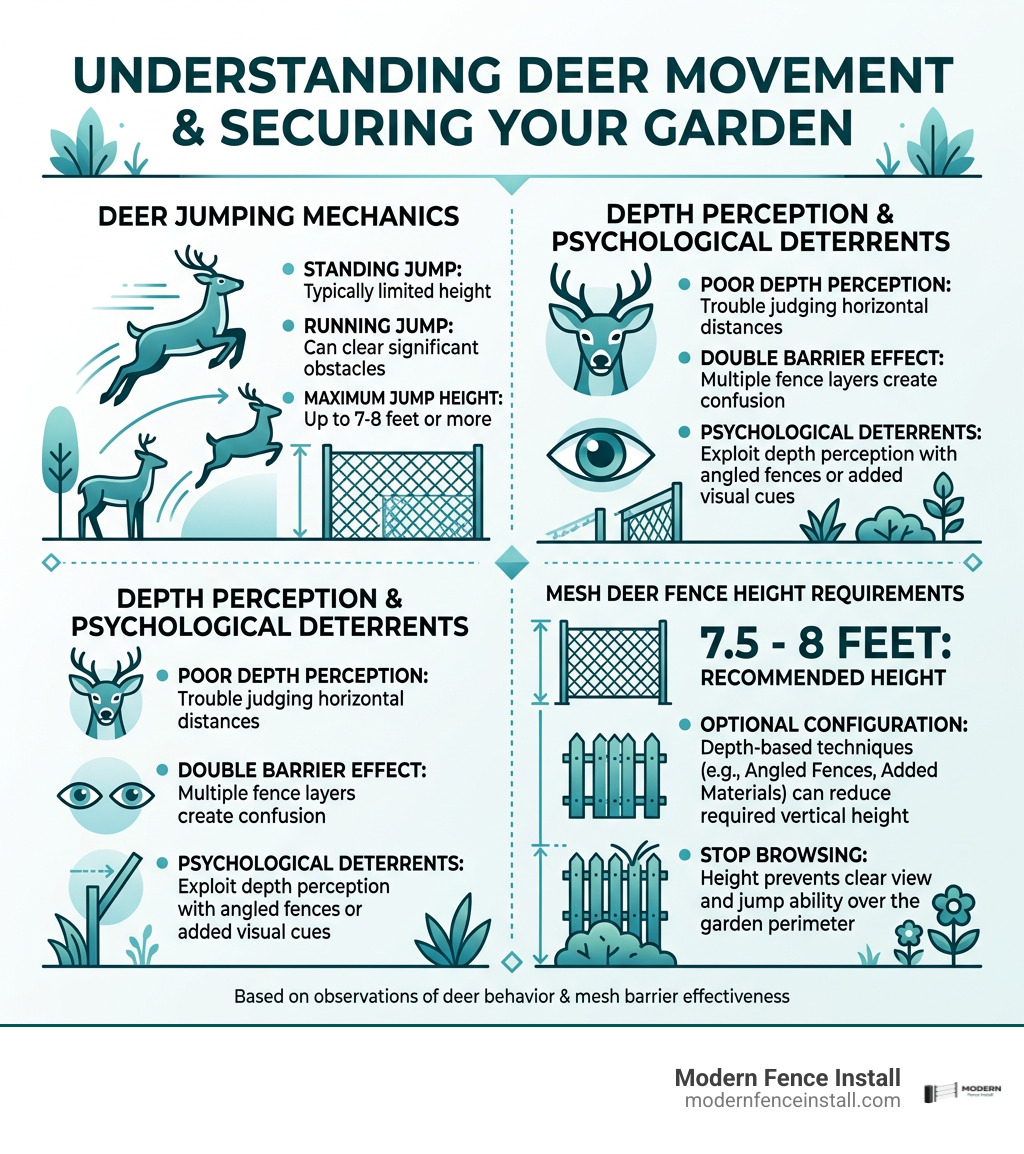 Infographic showing deer jumping mechanics, depth perception, and mesh deer fence height requirements infographic Infographic showing deer jumping mechanics, depth perception, and mesh deer fence height requirements infographic
