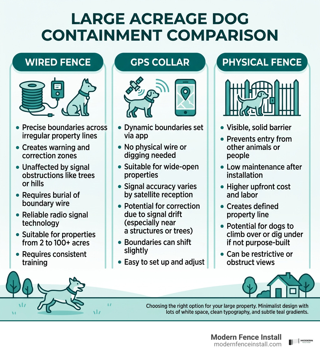 Large acreage dog containment comparison: wired fence, GPS collar, and physical fence infographic Large acreage dog containment comparison: wired fence, GPS collar, and physical fence infographic