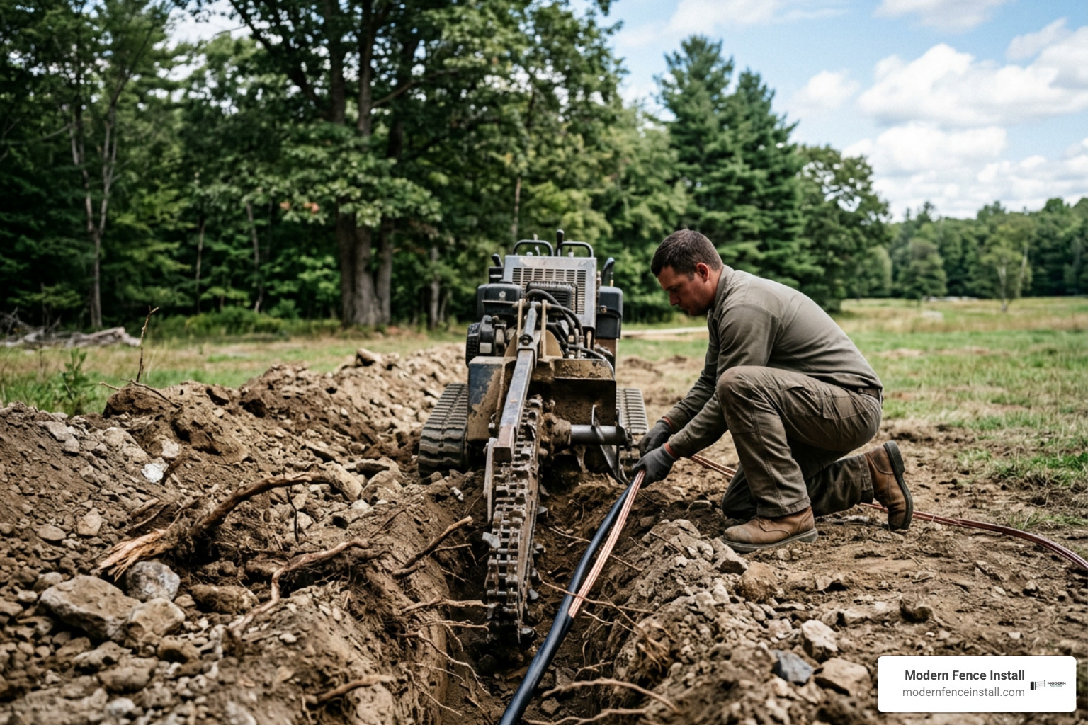 Trenching and laying heavy-gauge boundary wire across uneven rural terrain Trenching and laying heavy-gauge boundary wire across uneven rural terrain