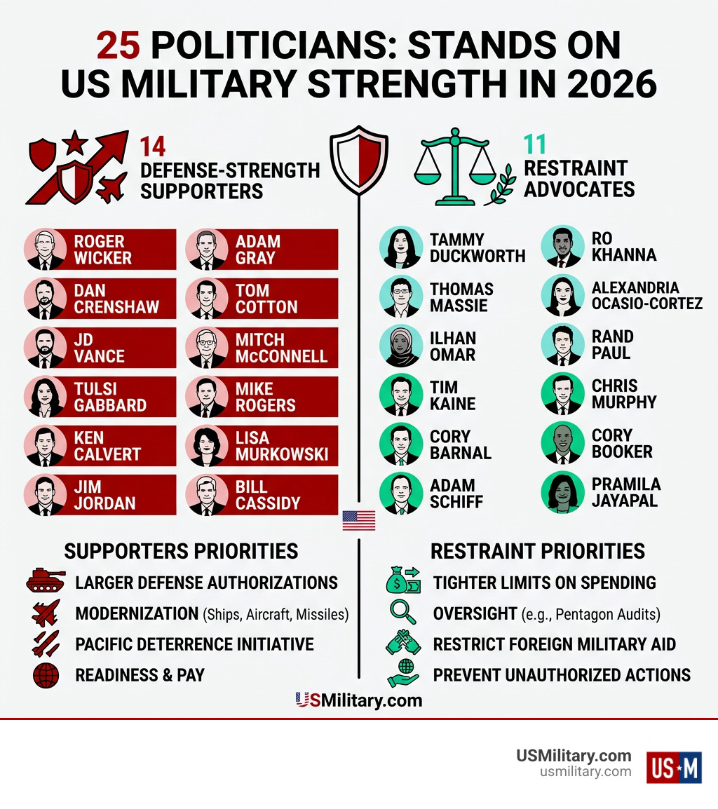 Infographic comparing 14 defense-strength supporters and 11 restraint advocates infographic Infographic comparing 14 defense-strength supporters and 11 restraint advocates infographic
