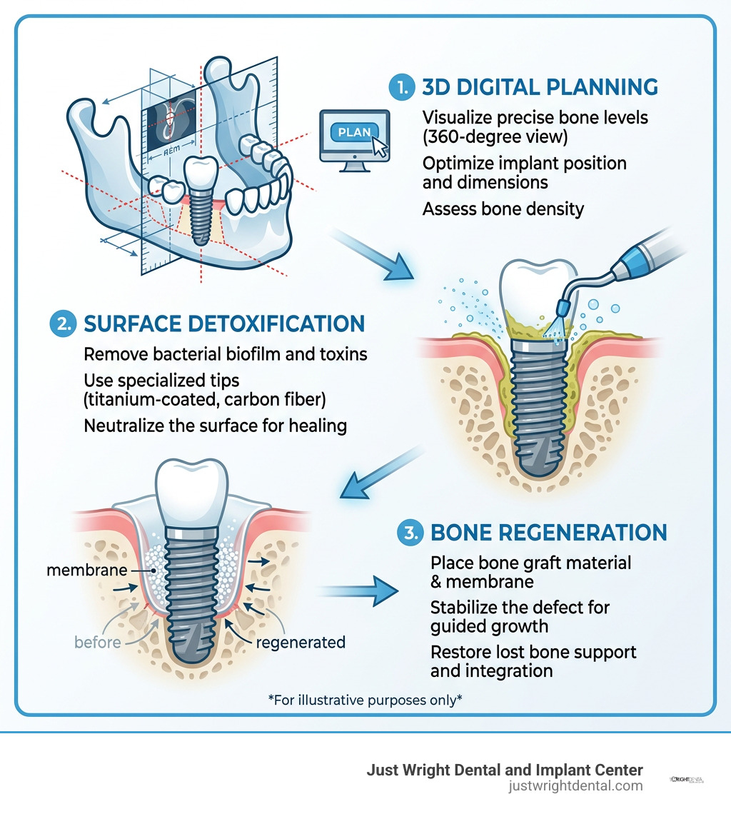 Treatment workflow showing 3D digital planning, surface detoxification, and bone regeneration infographic