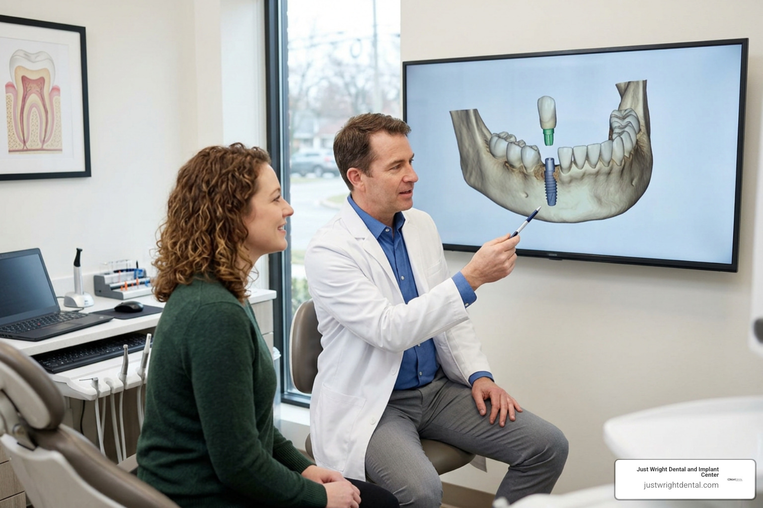 Dentist reviewing digital 3D implant plan on screen during consultation