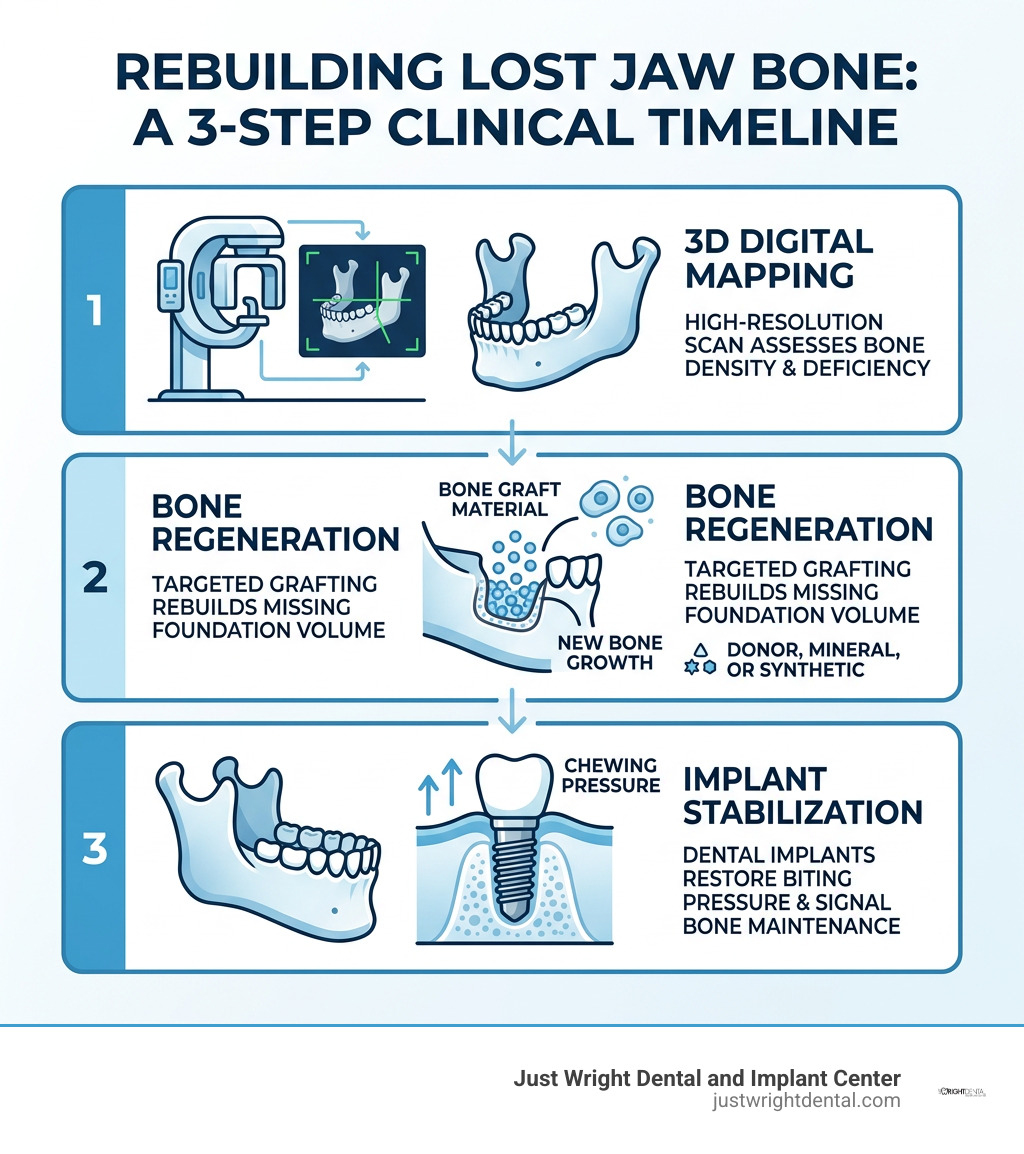 Infographic in brand blue showing the 3-step clinical timeline for rebuilding lost jaw bone infographic