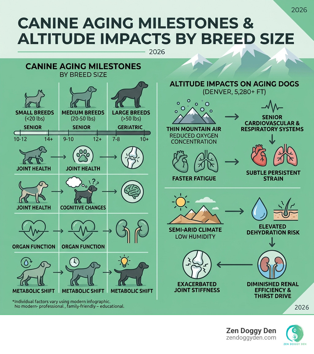 Canine aging milestones and altitude impacts by breed size infographic