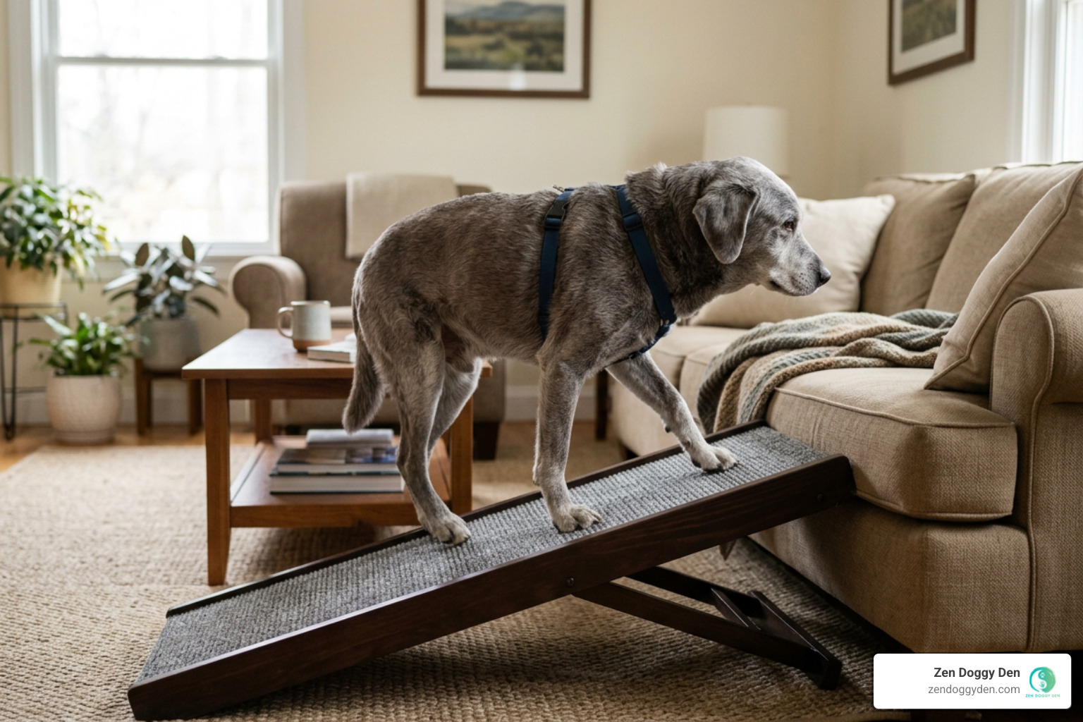 senior dog using orthopedic ramp indoors