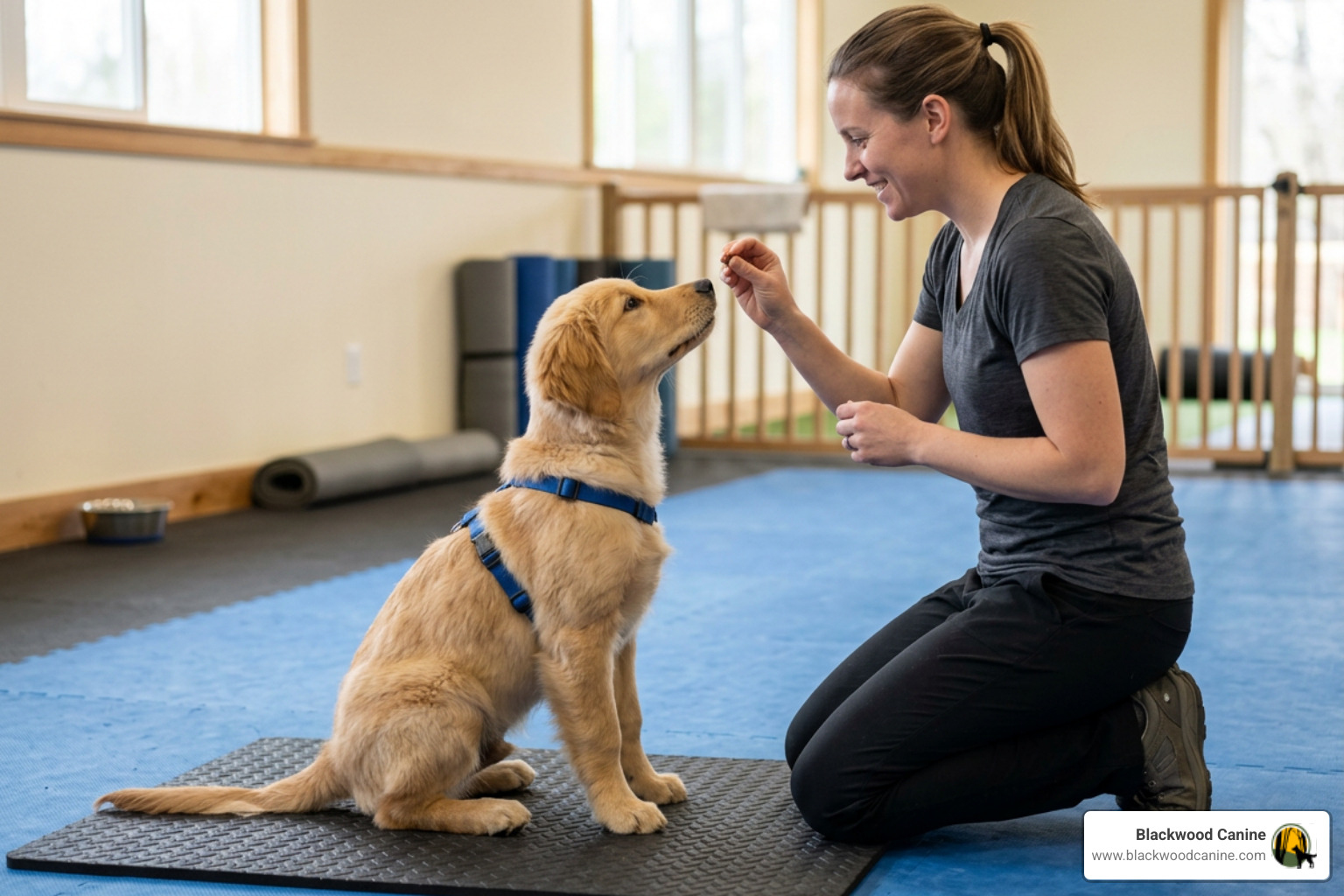Puppy practicing focus exercises in a structured training room