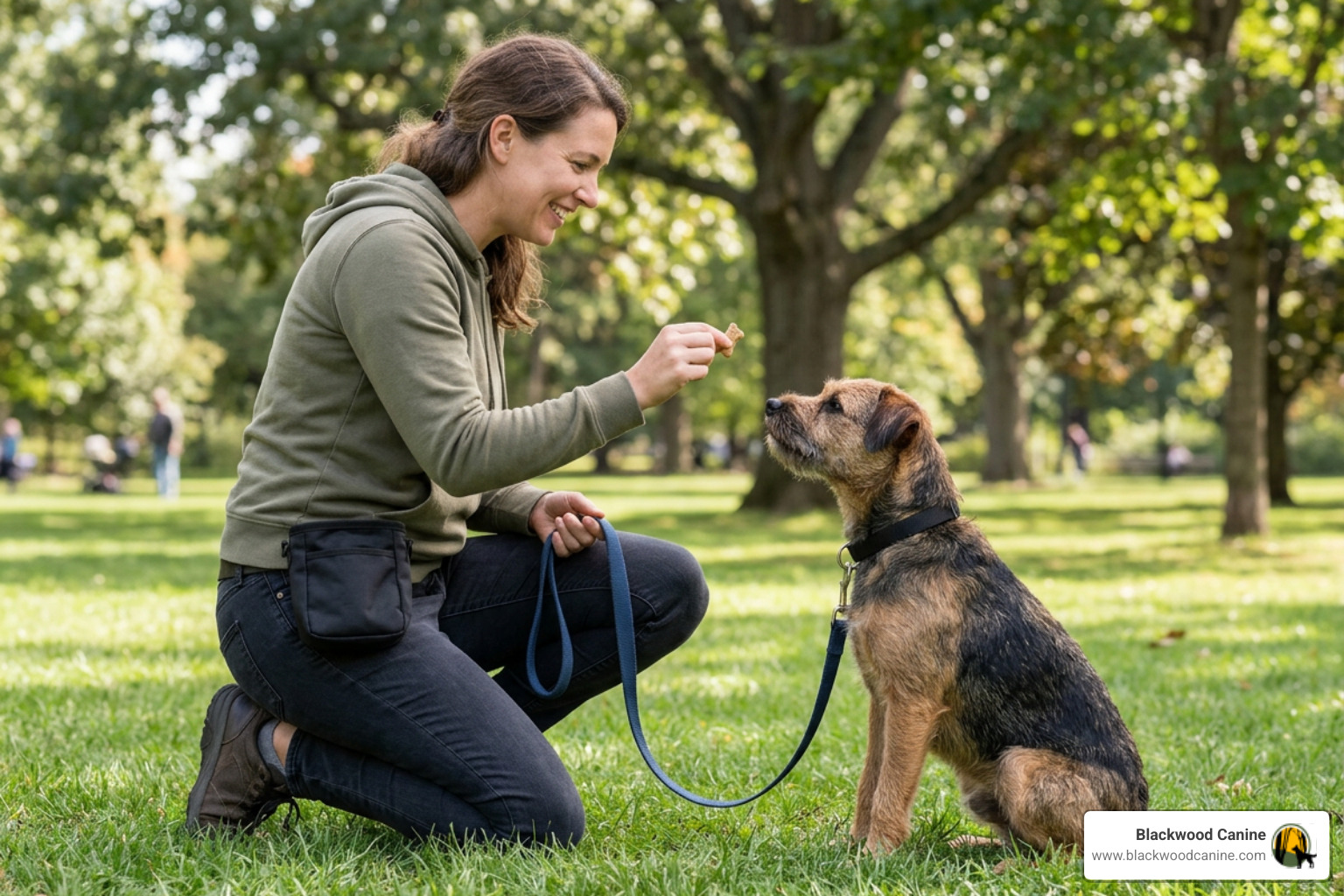 Dog handler with flat collar six foot leash and treat pouch