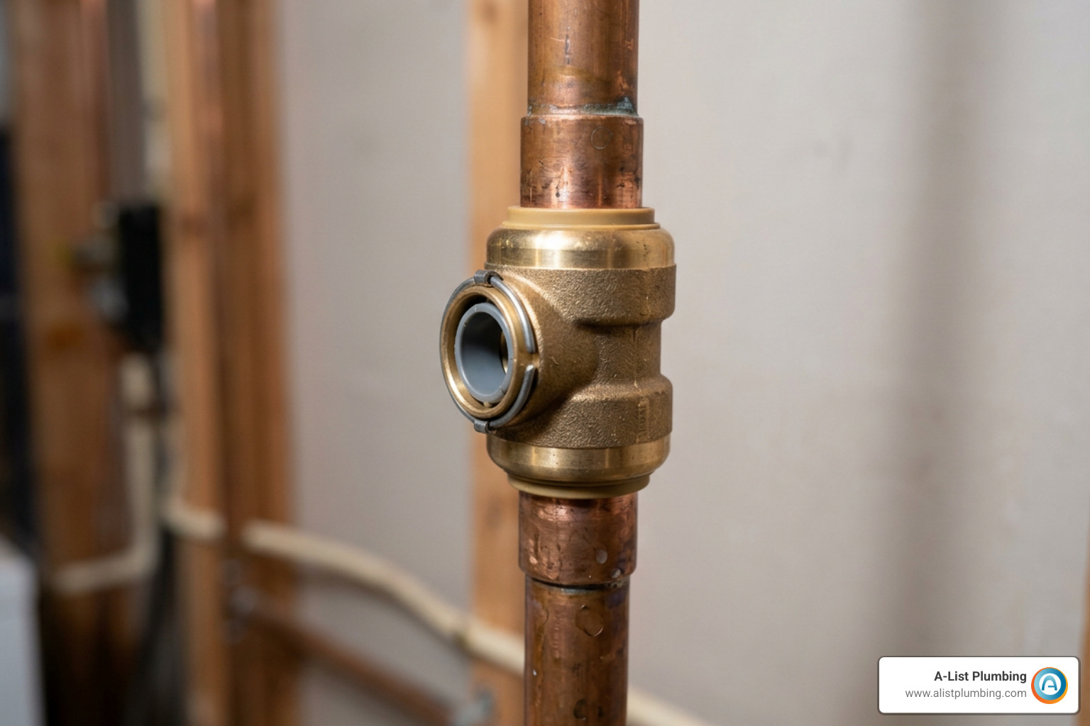 Push-to-connect brass coupling installed on copper pipe