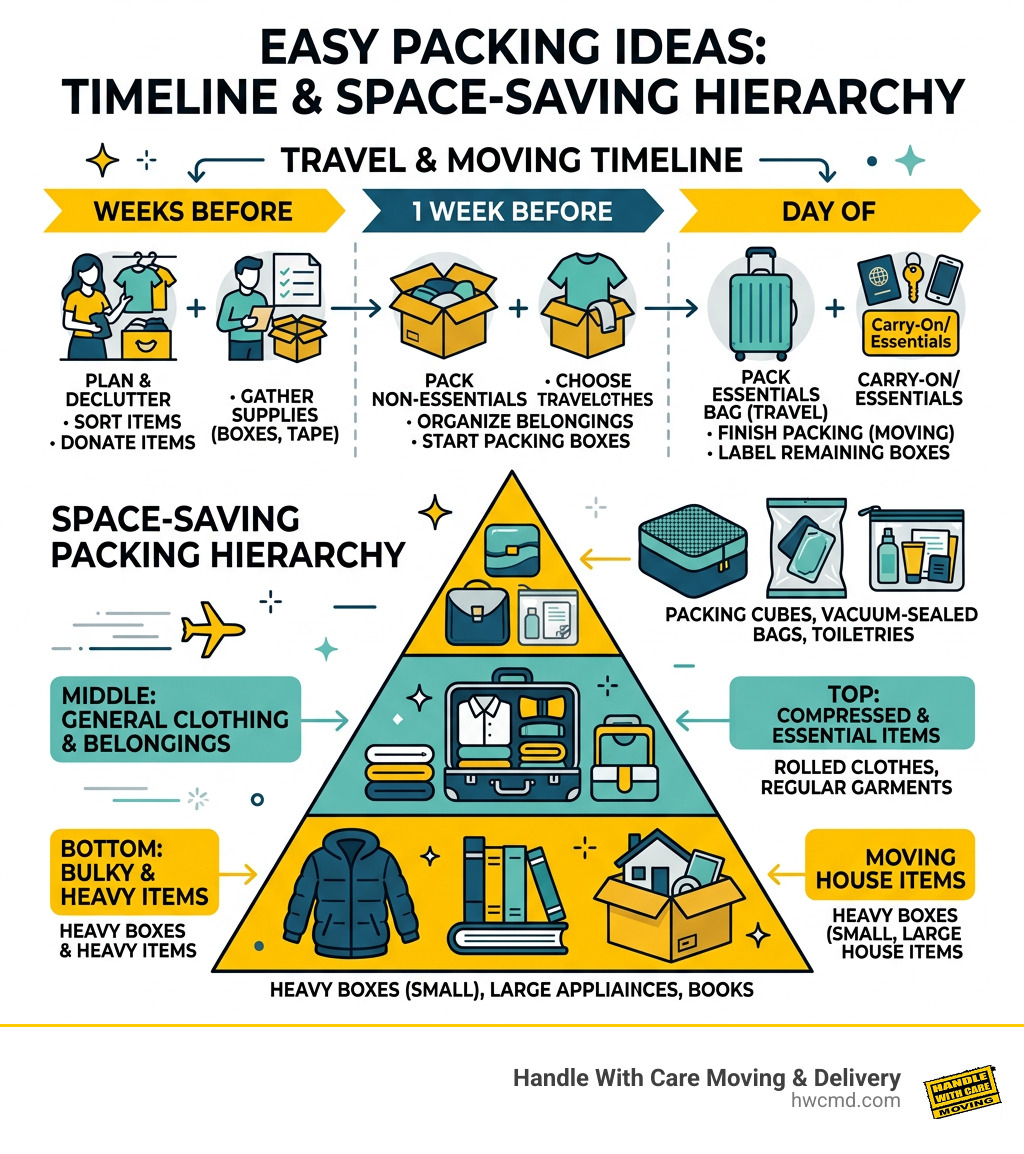 Packing timeline and space-saving hierarchy for travel and moving infographic Packing timeline and space-saving hierarchy for travel and moving infographic