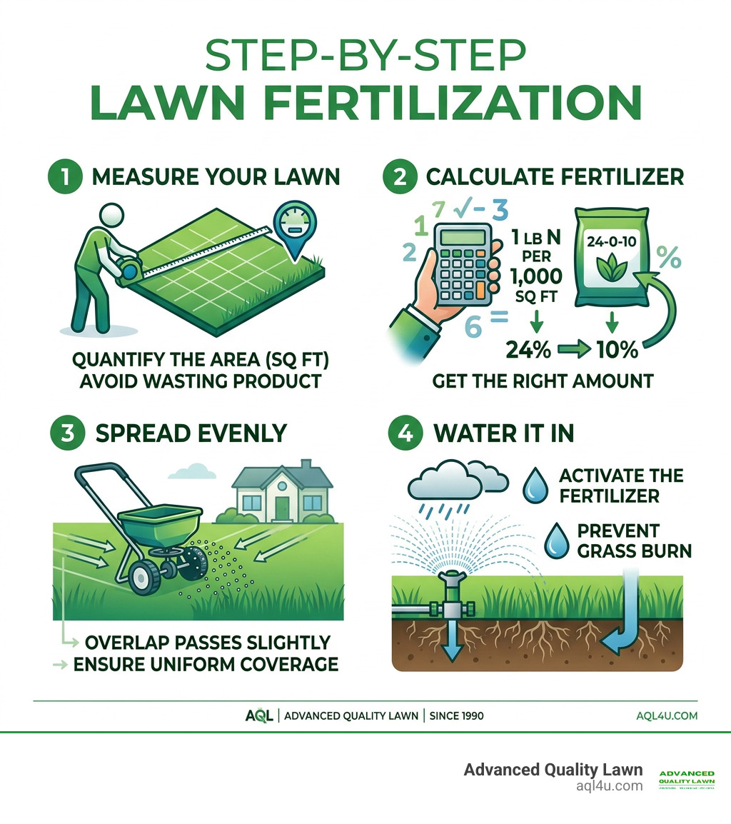 Infographic showing measure, calculate, spread evenly, and water fertilizer infographic