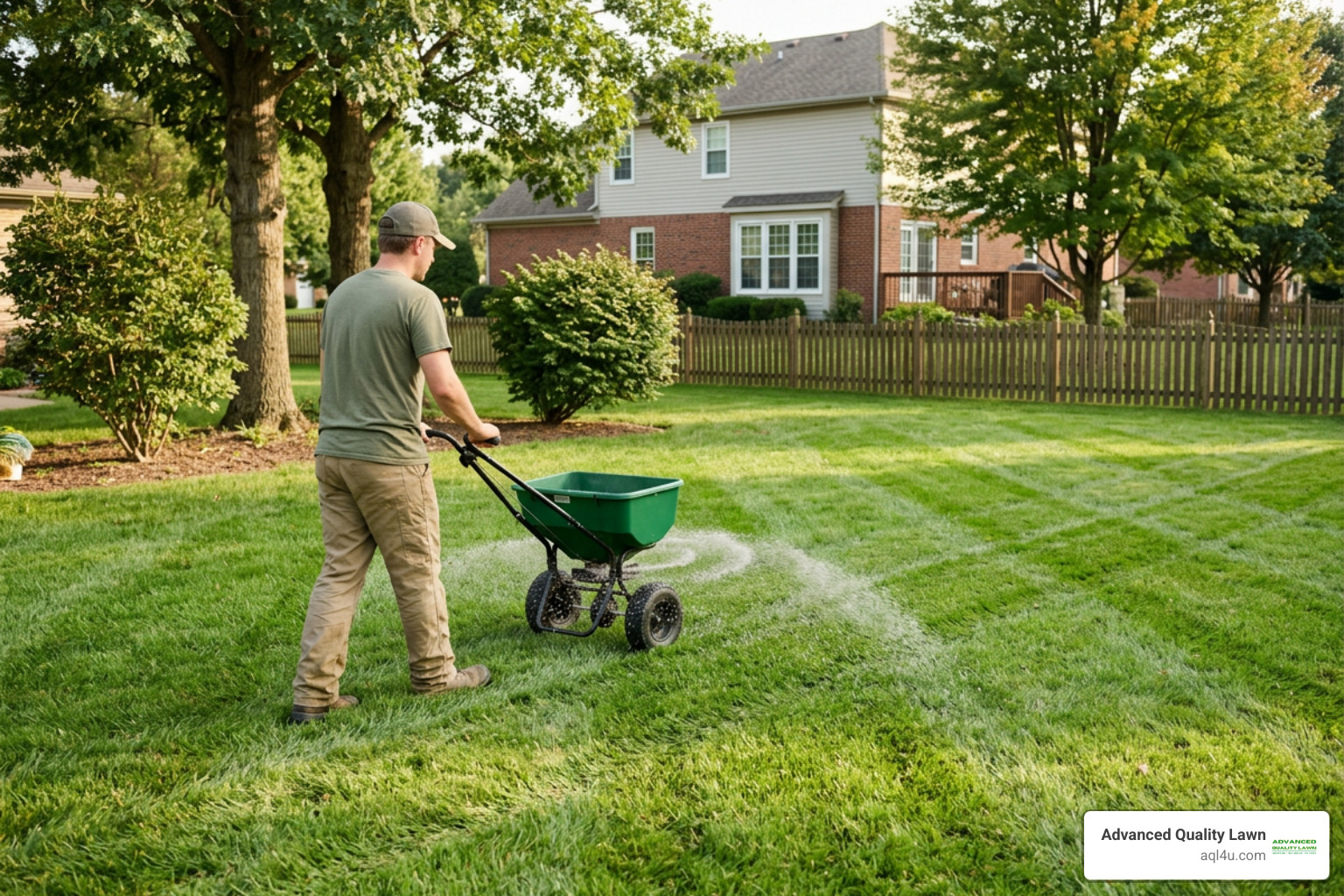 Applying granular fertilizer with a broadcast spreader in a crisscross pattern