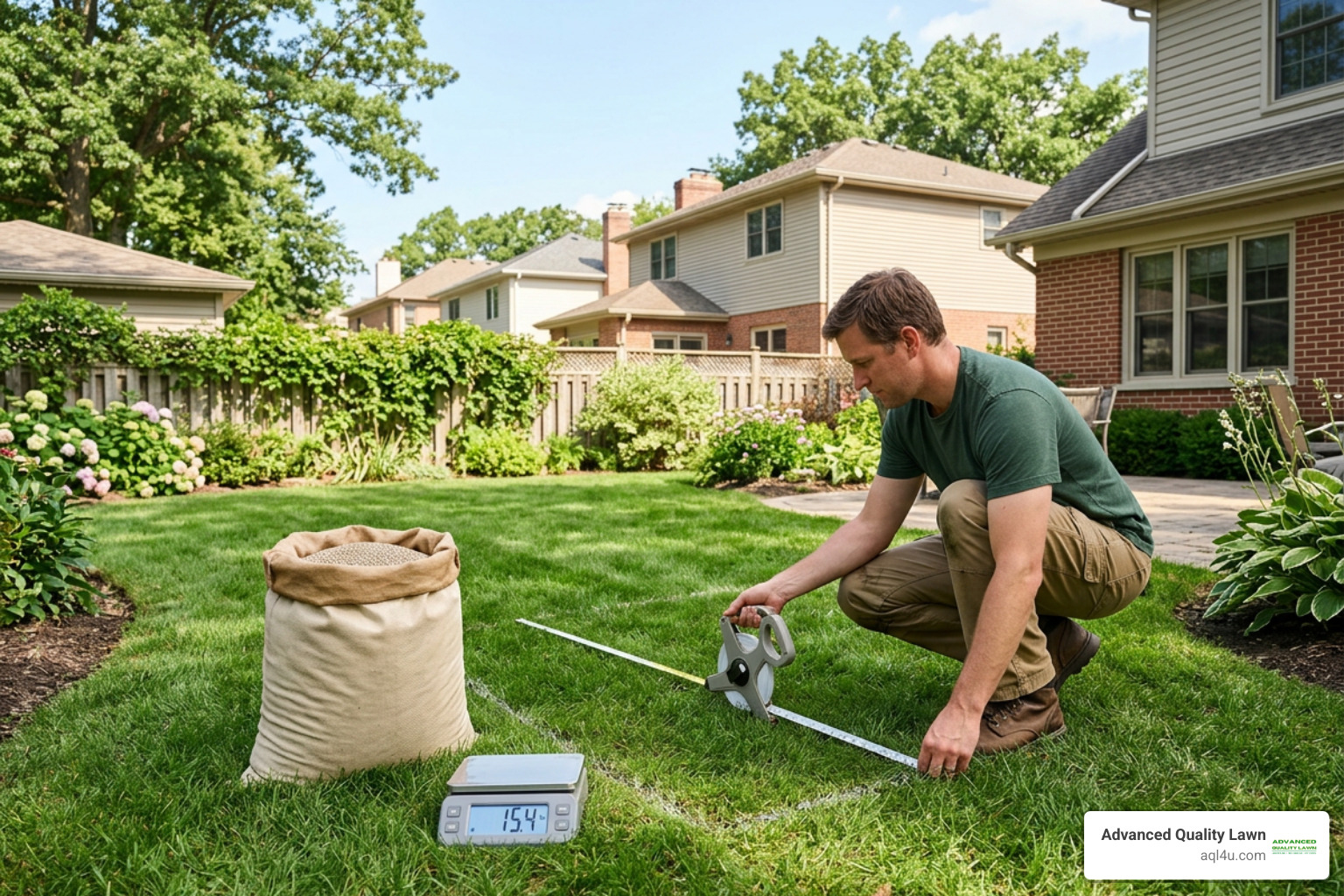 Measuring lawn area dimensions and weighing granular fertilizer bag