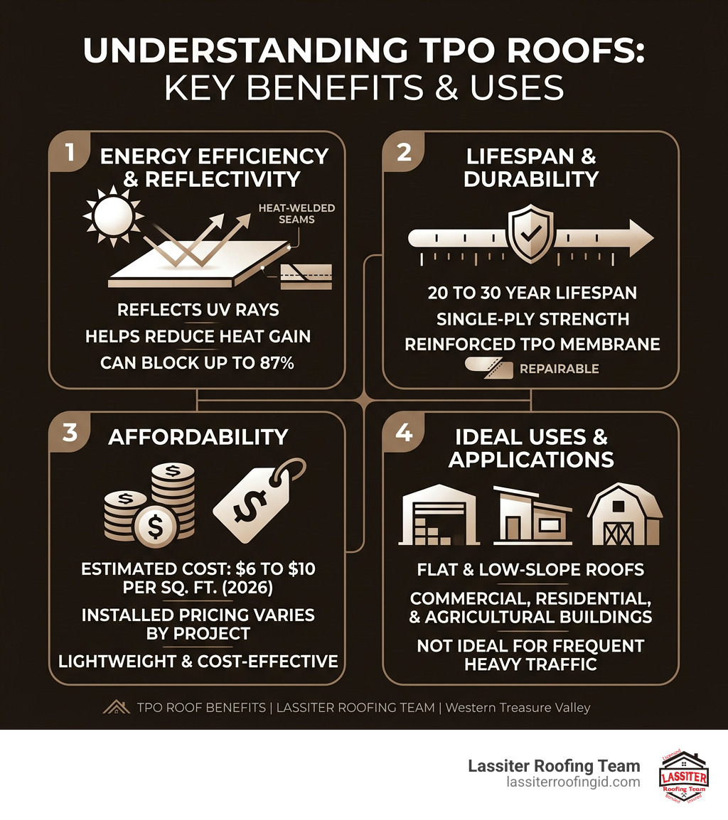 TPO roof benefits cost lifespan reflectivity and ideal uses infographic