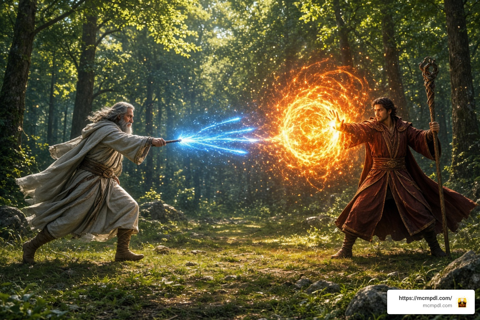Combat comparison showing wand agility versus heavy staff casting Combat comparison showing wand agility versus heavy staff casting