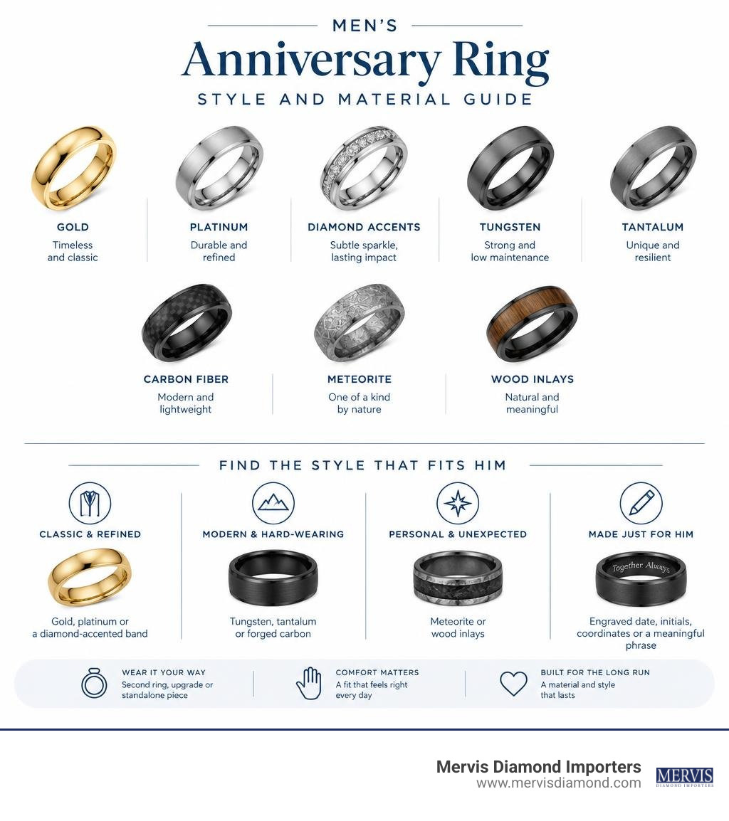 Men's anniversary ring style and material guide infographic