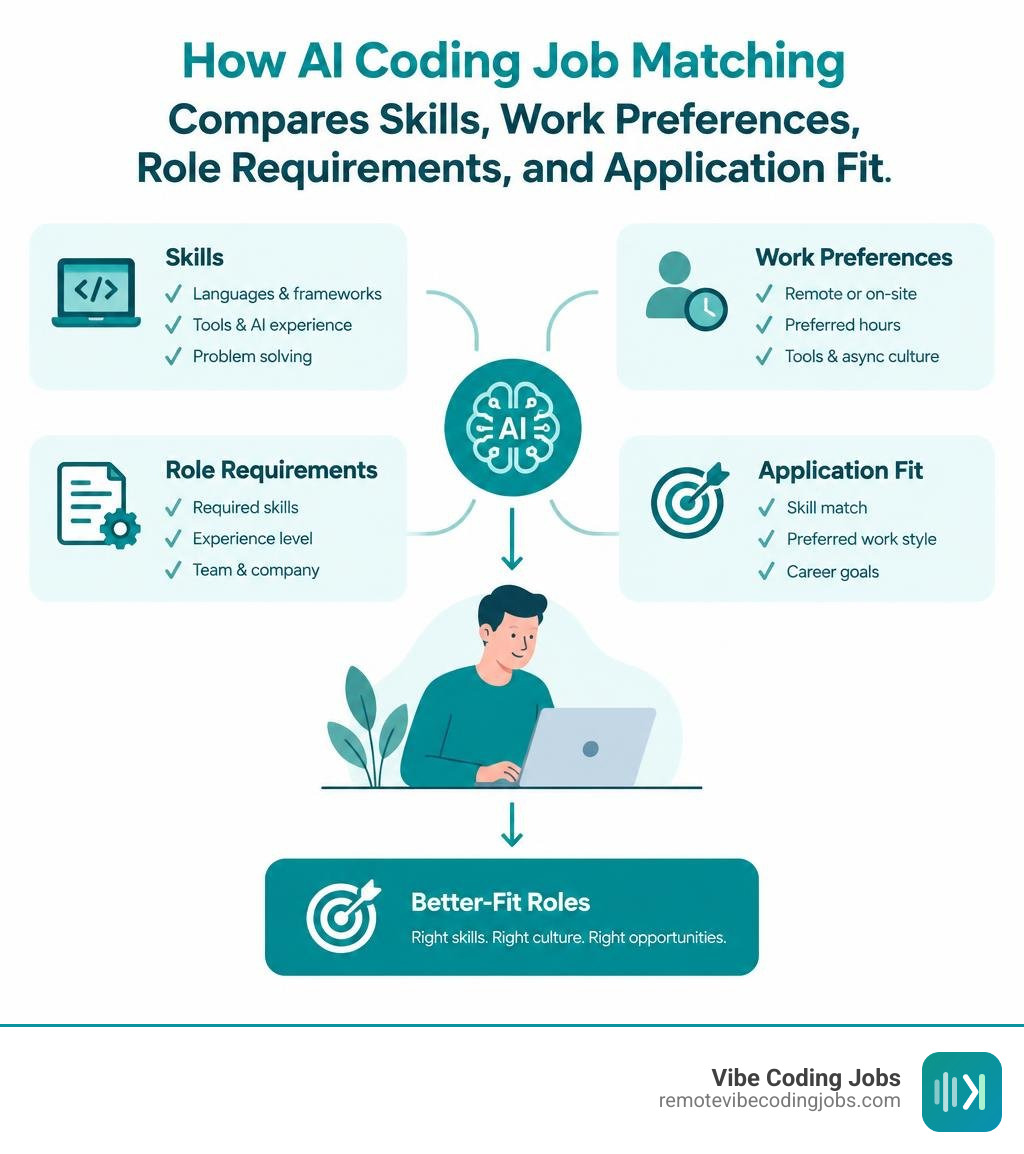 How AI coding job matching compares skills, work preferences, role requirements, and application fit infographic