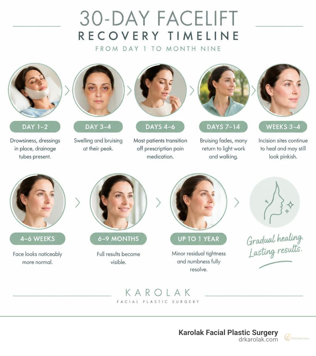 30-day facelift recovery timeline with milestones from day 1 through month nine, without suture removal details infographic 30-day facelift recovery timeline with milestones from day 1 through month nine, without suture removal details infographic