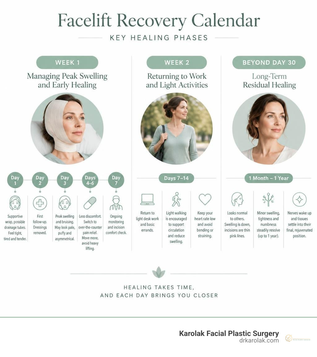 Facelift recovery calendar showing key healing phases without suture removal details infographic Facelift recovery calendar showing key healing phases without suture removal details infographic