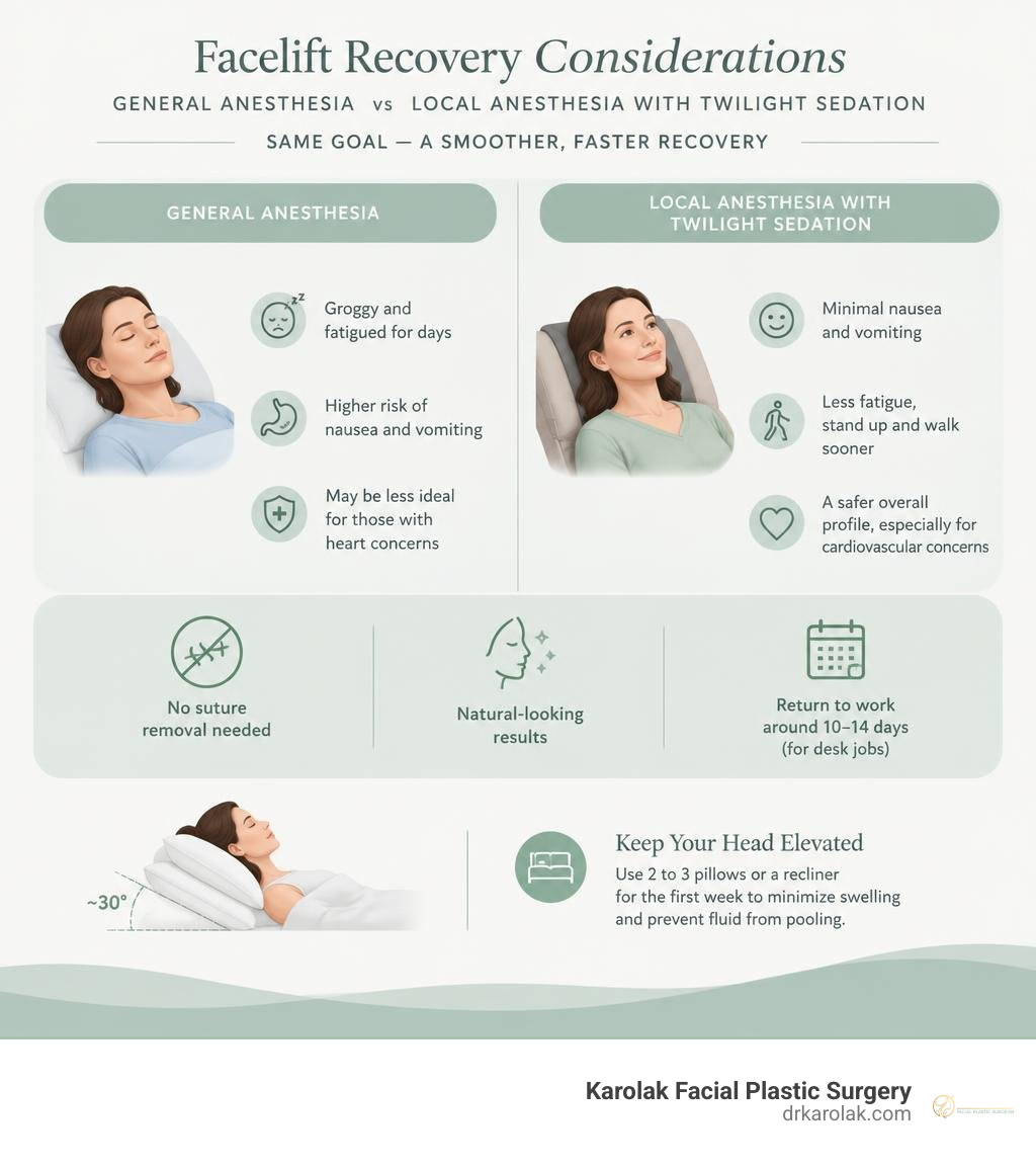Comparison of facelift recovery considerations for general anesthesia and local anesthesia with twilight sedation, without Comparison of facelift recovery considerations for general anesthesia and local anesthesia with twilight sedation, without