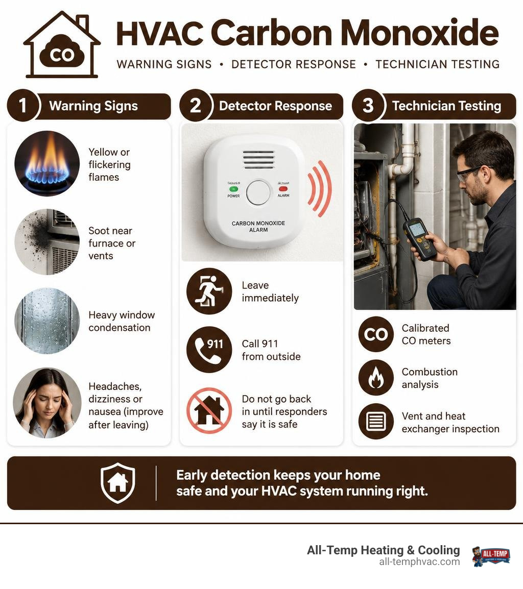 Infographic showing HVAC CO warning signs, detector response, and technician testing infographic