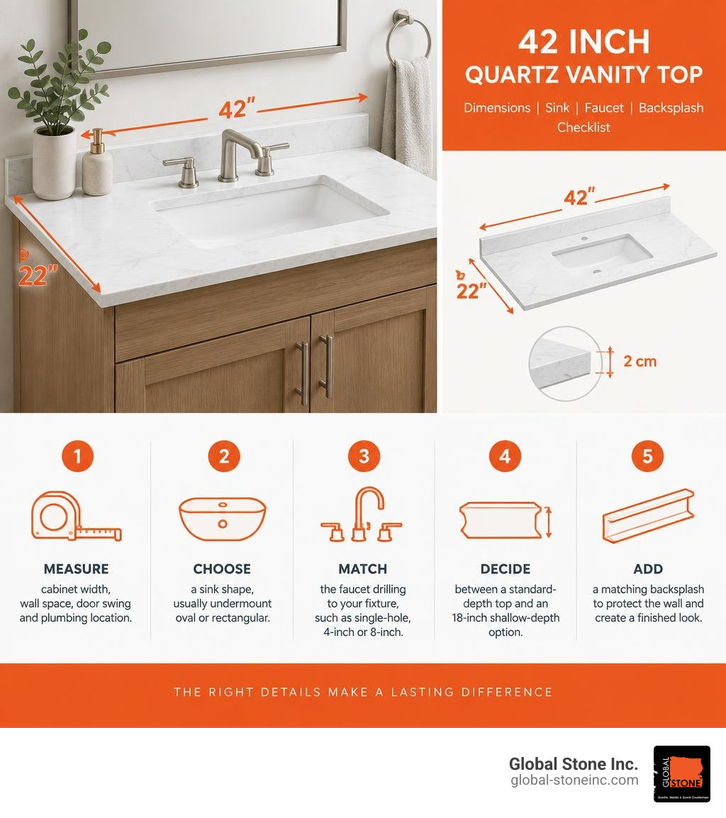 42 inch quartz vanity top dimensions sink faucet backsplash checklist infographic