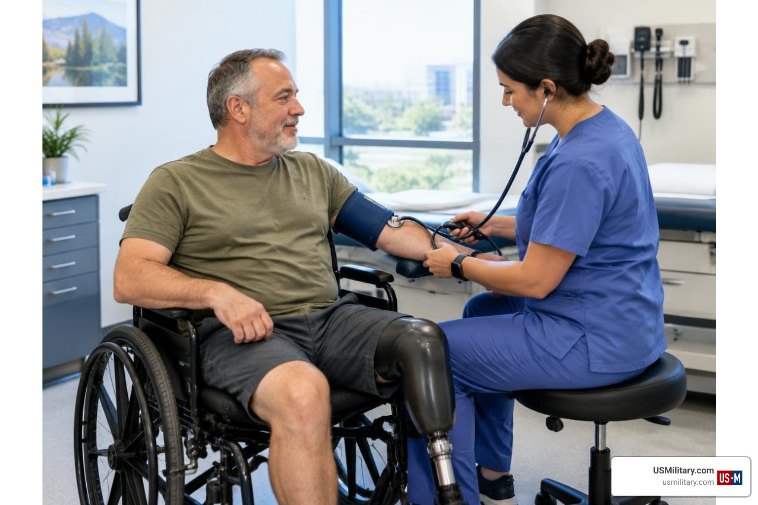 Disabled Army veteran receiving quality medical care at a healthcare facility Disabled Army veteran receiving quality medical care at a healthcare facility