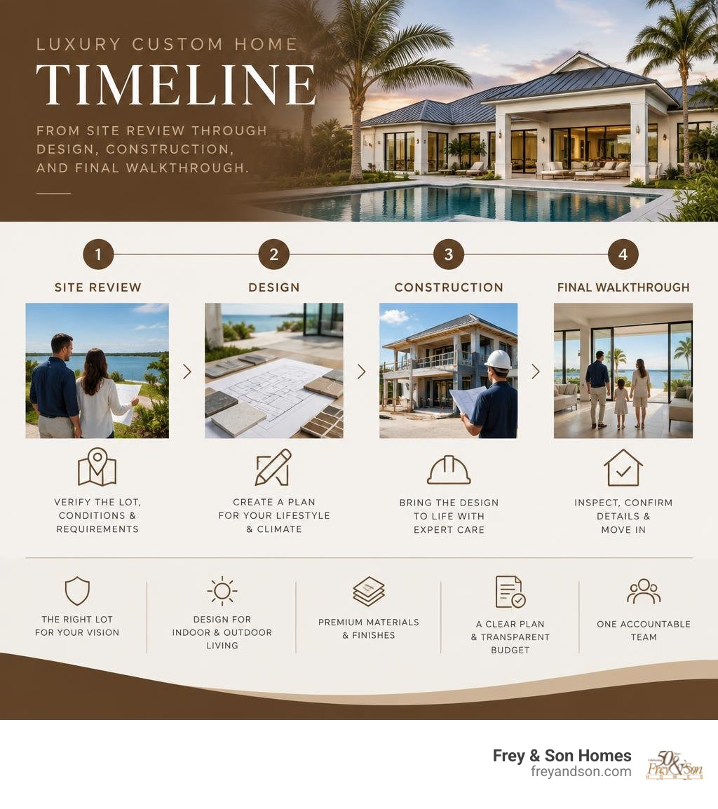 Luxury custom home timeline from site review through design, construction, and final walkthrough infographic Luxury custom home timeline from site review through design, construction, and final walkthrough infographic