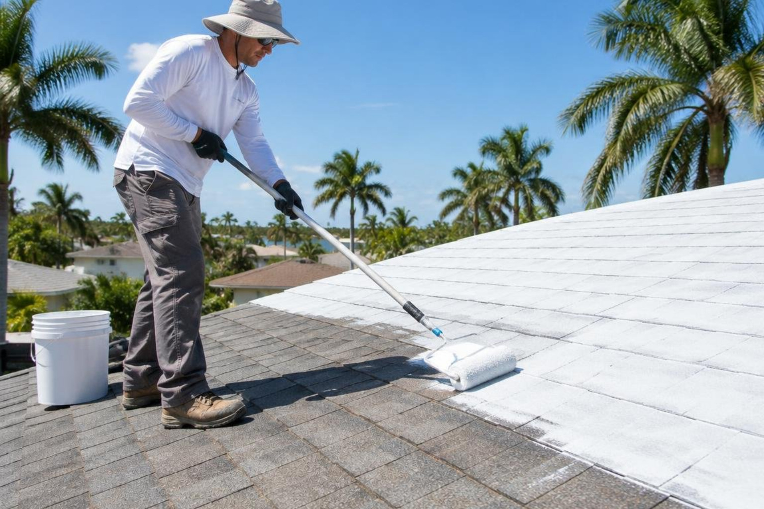 Application of protective UV reflective roof coating