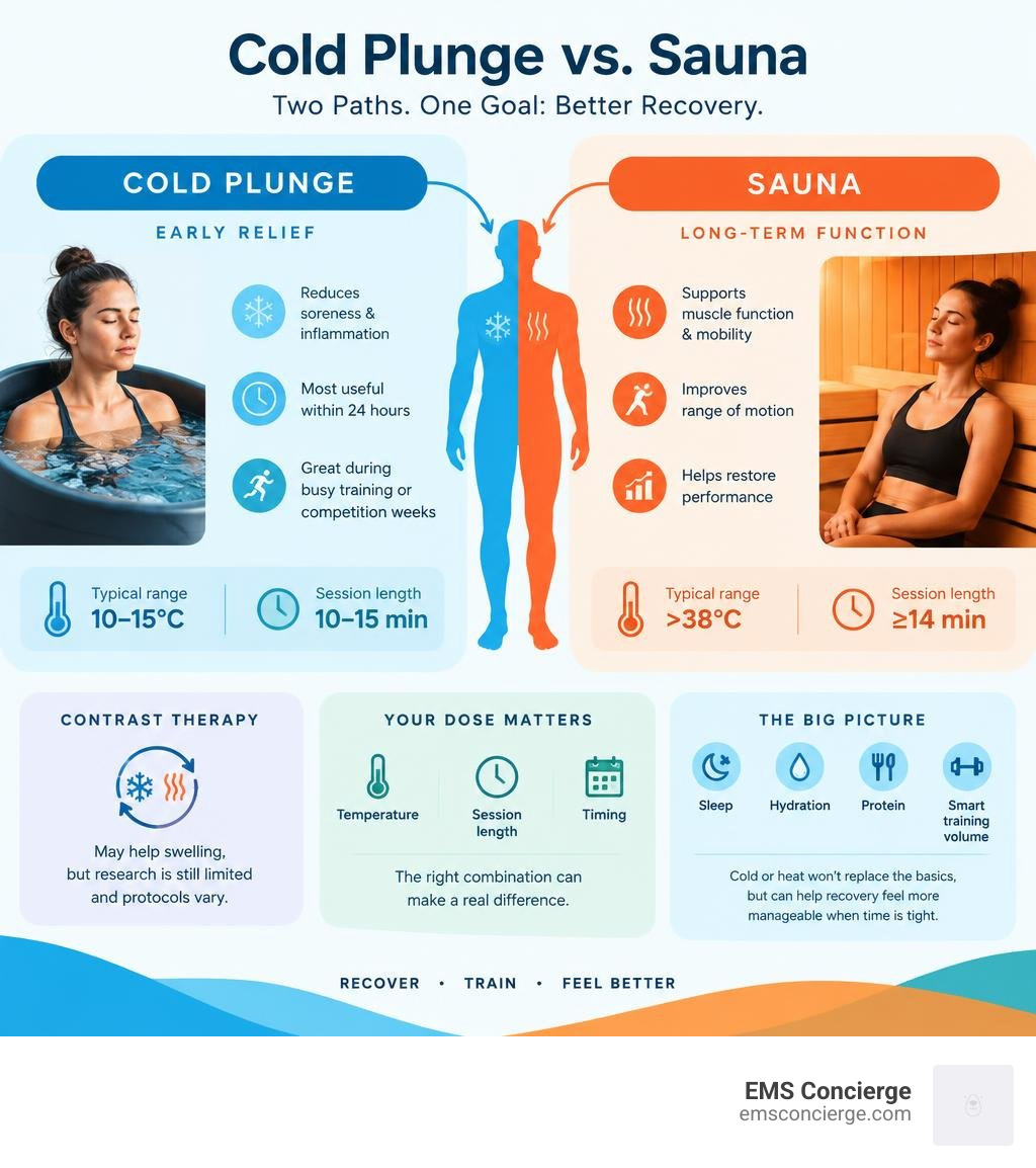cold plunge versus sauna recovery pathways infographic cold plunge versus sauna recovery pathways infographic