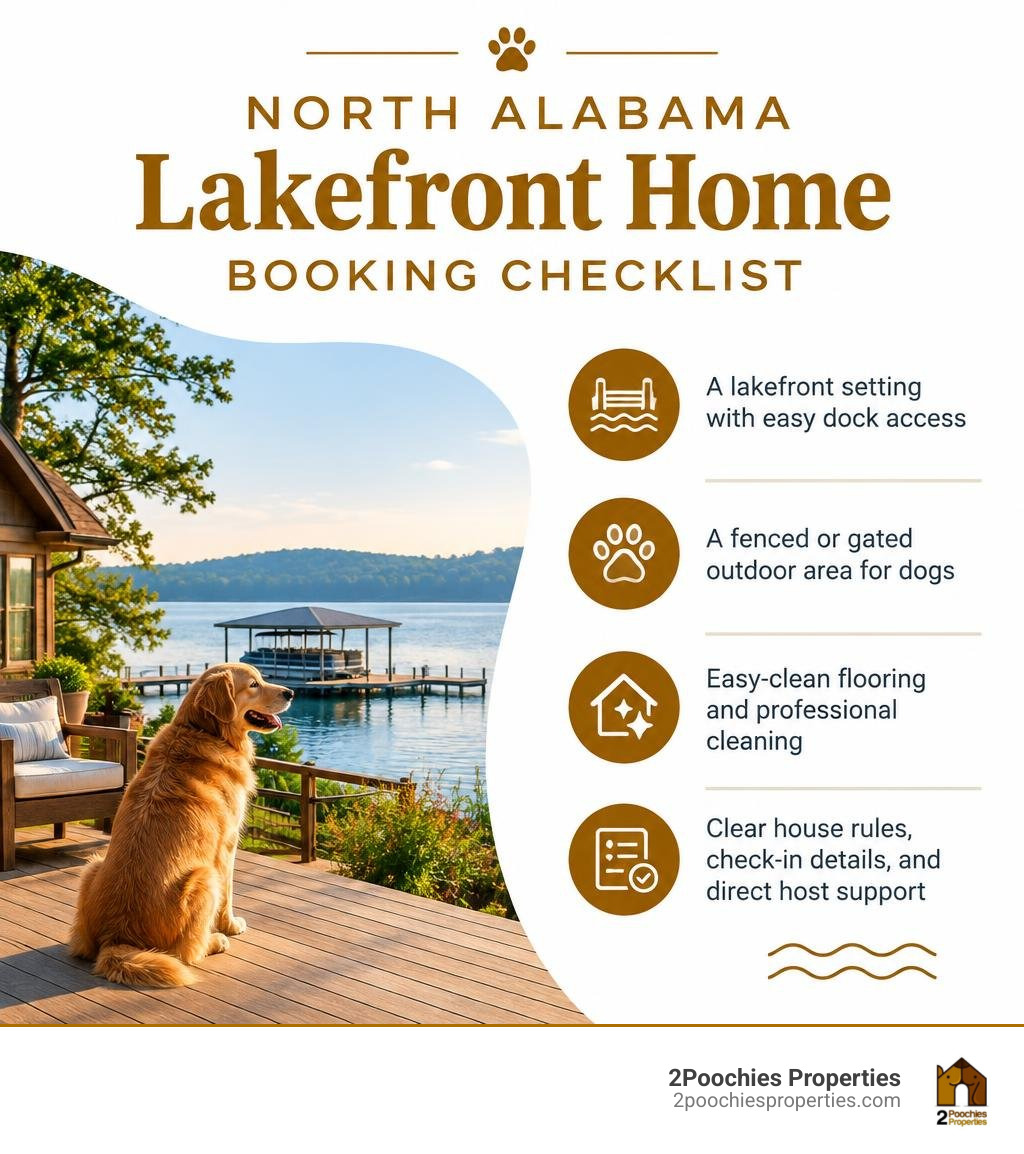 North Alabama lakefront home booking checklist infographic