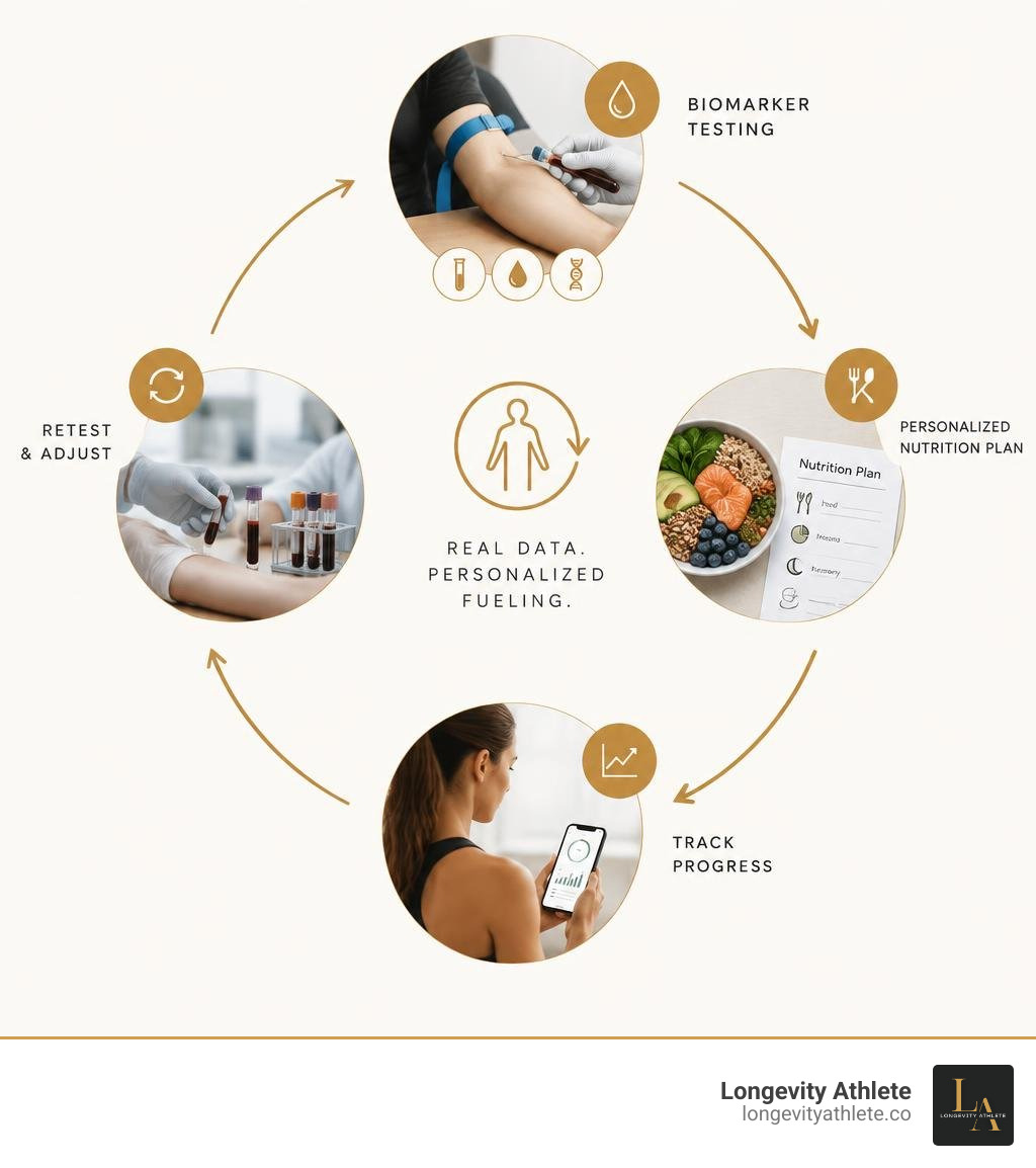 closed loop from biomarker testing to nutrition plan tracking and retesting infographic