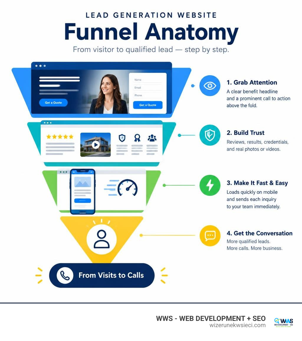 high converting lead generation website funnel anatomy infographic