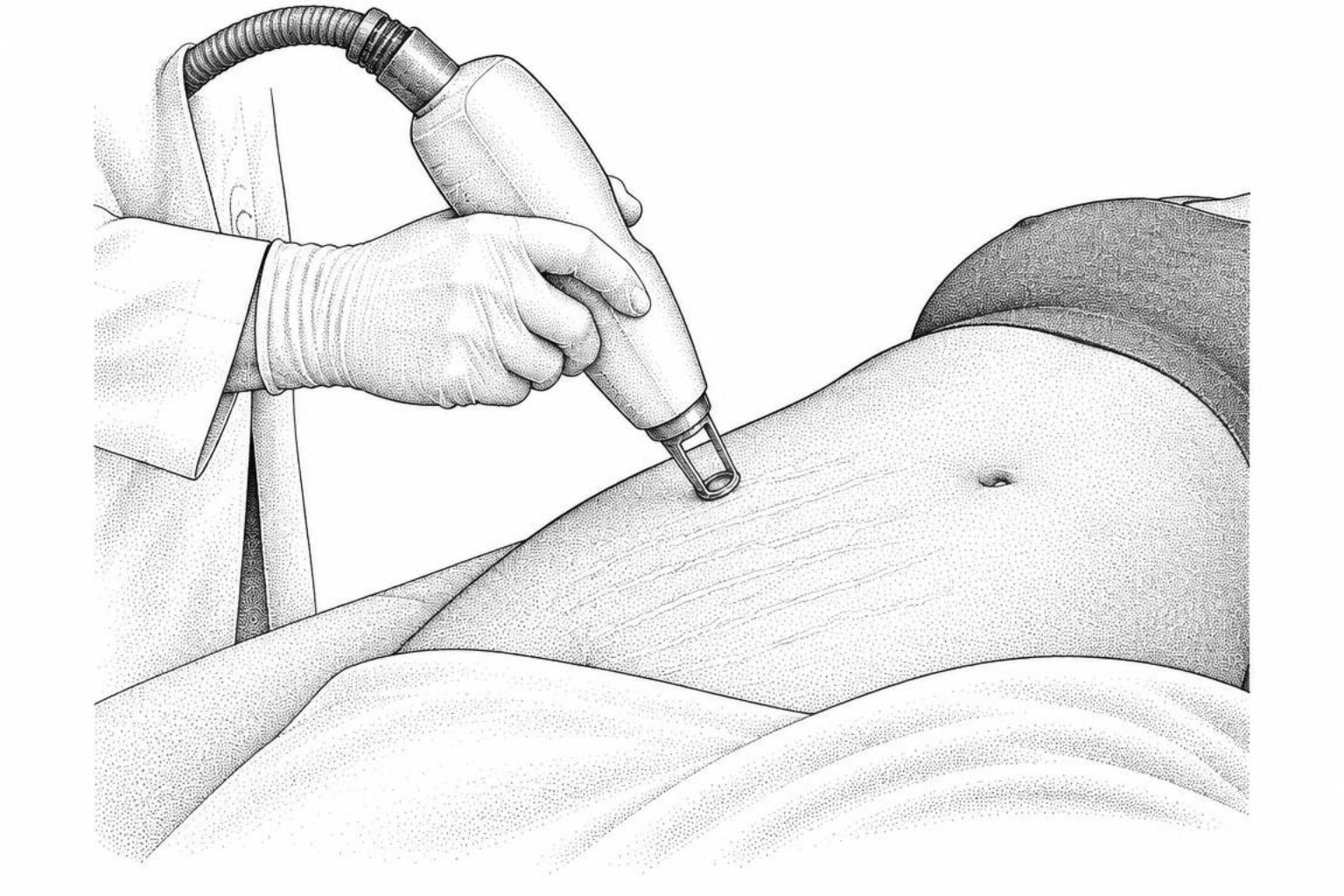 Line illustration of a clinician in gloves using a handheld laser over stretch marks on the abdomen