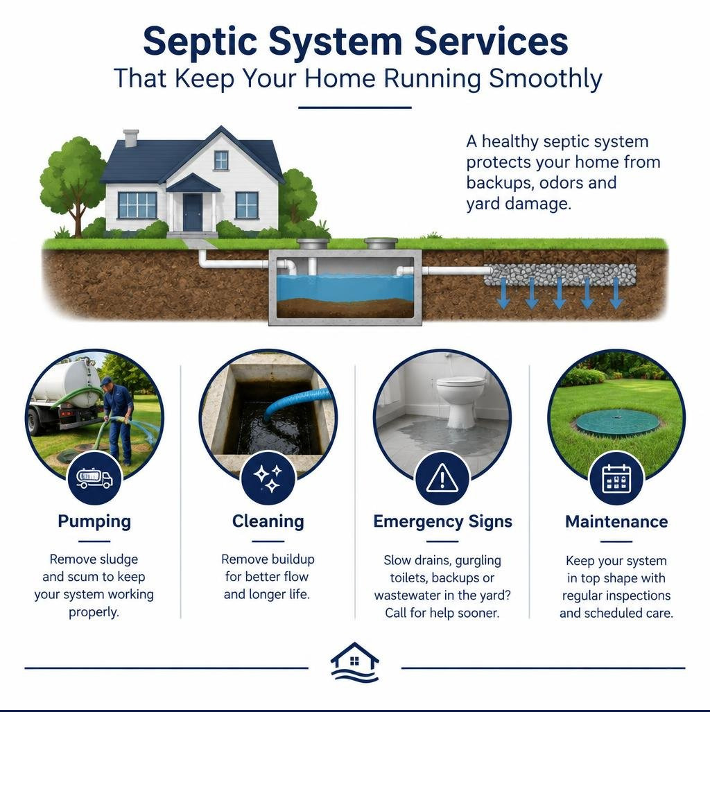 septic services infographic showing pumping cleaning emergency signs and maintenance infographic