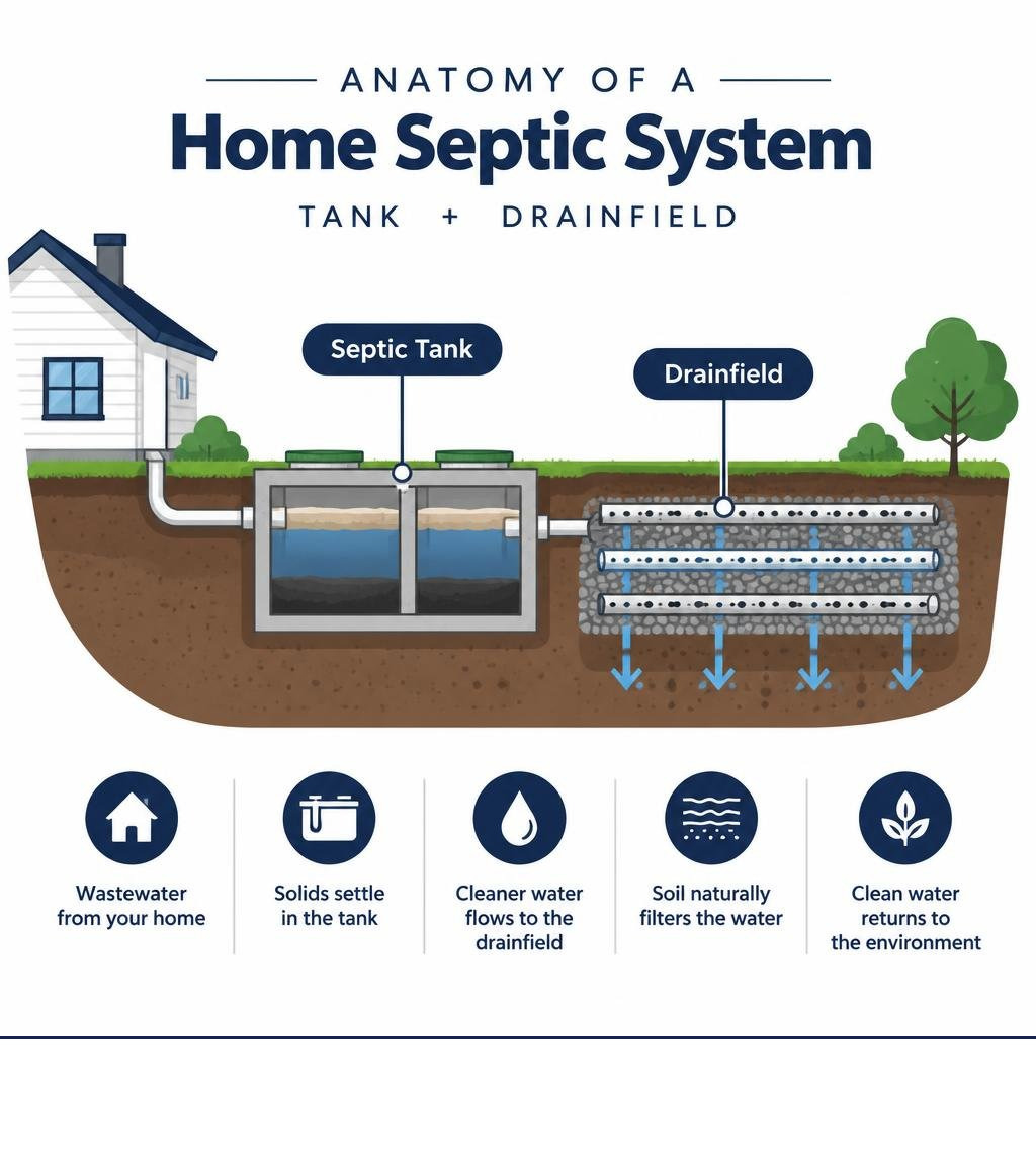 anatomy of a home septic system showing tank and drainfield infographic