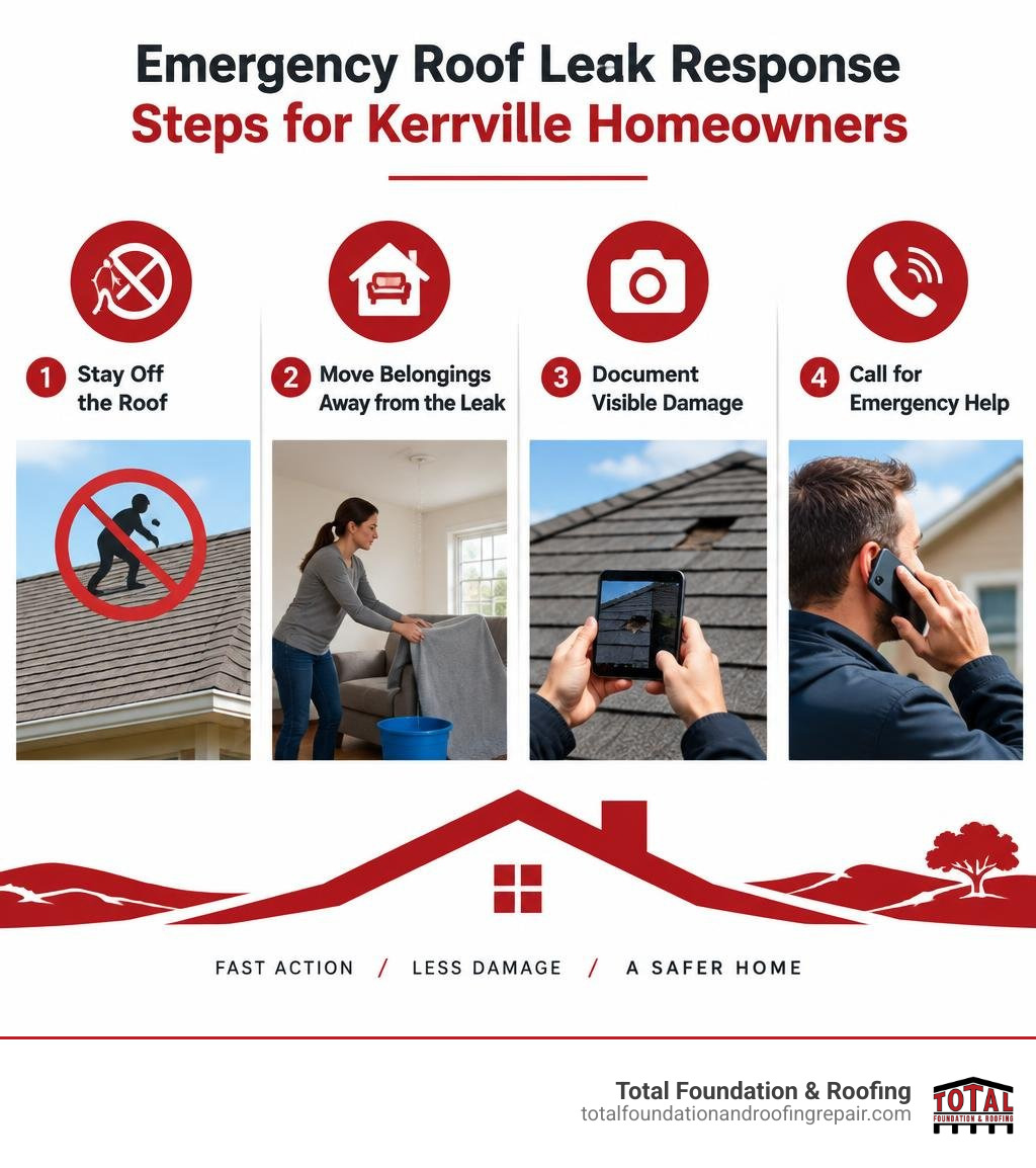 Emergency roof leak response steps for Kerrville homeowners infographic