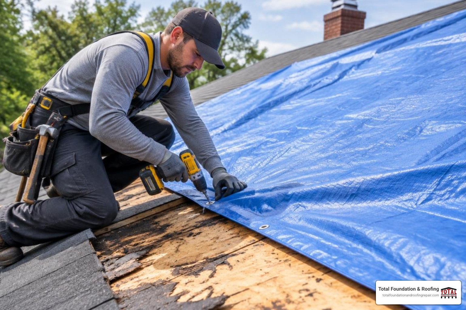 roofing technician securing heavy-duty tarp over damaged decking