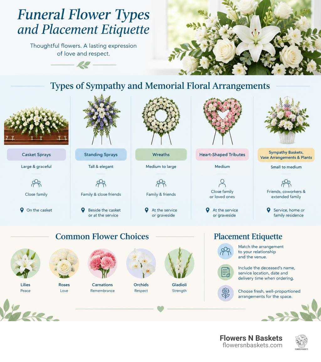 Funeral flower types and placement etiquette infographic