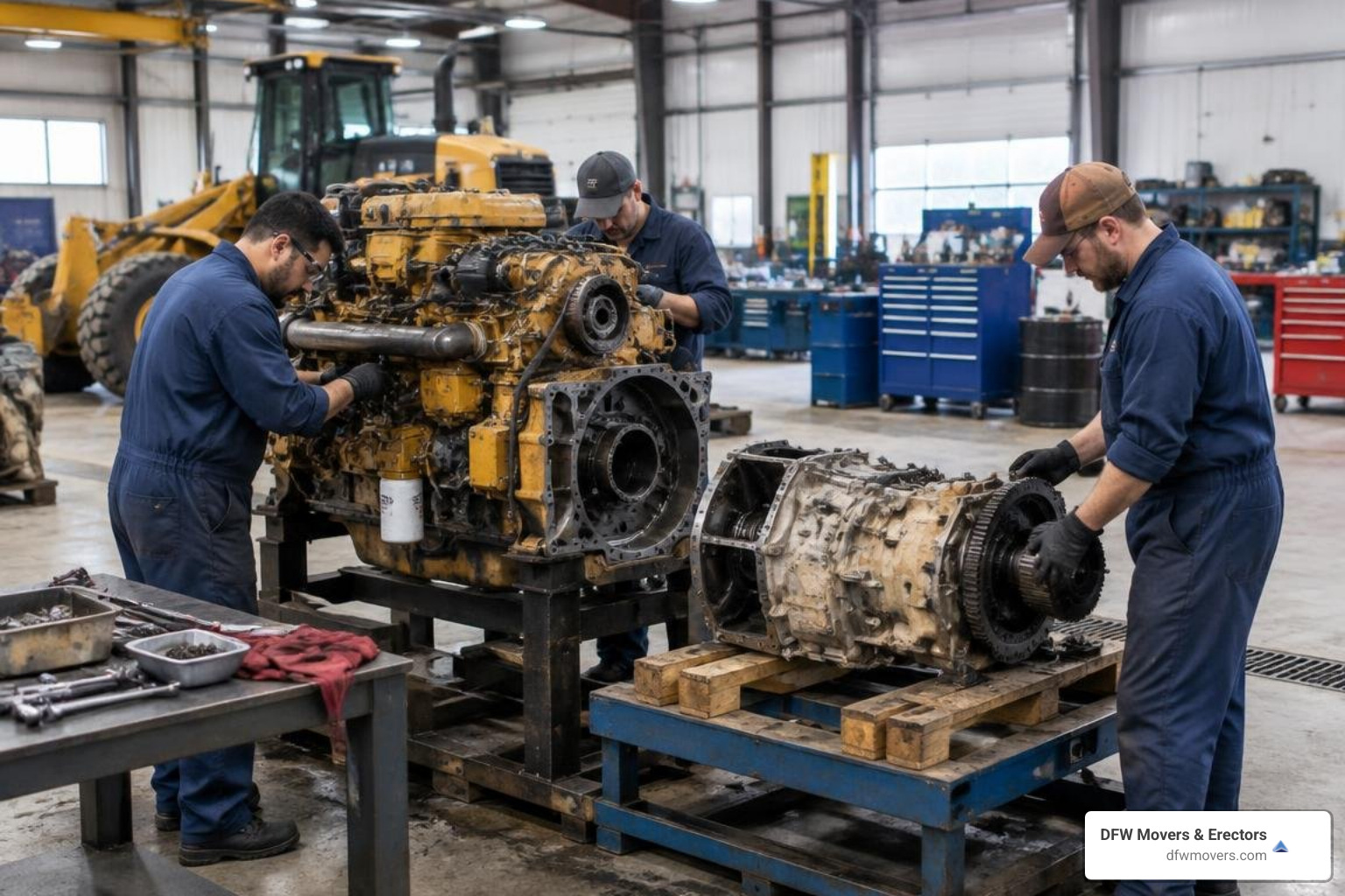 Disassembled heavy machinery engine and transmission components in a service shop