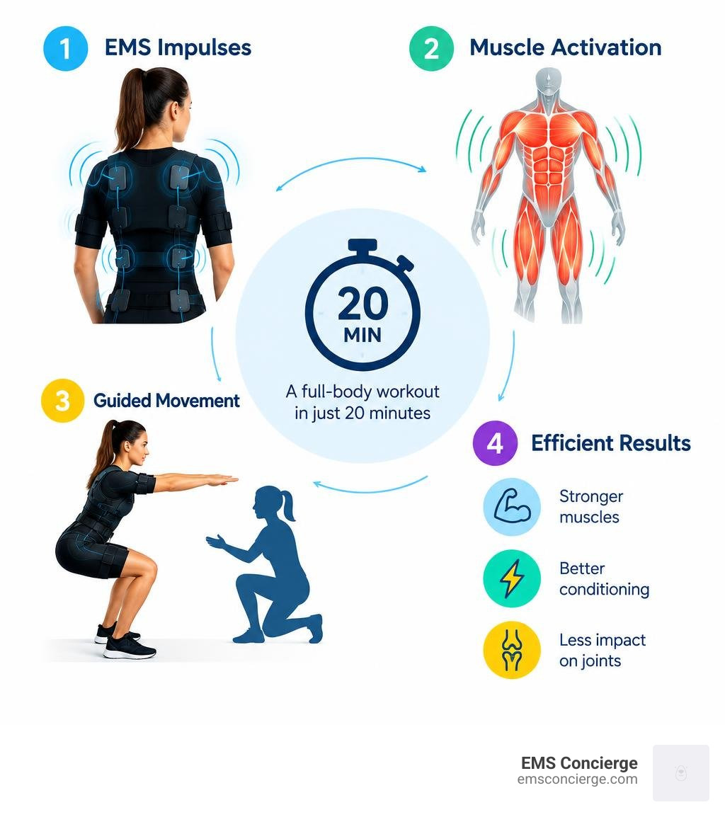 Infographic showing EMS impulses, muscle activation, guided movement, and a 20-minute workout infographic