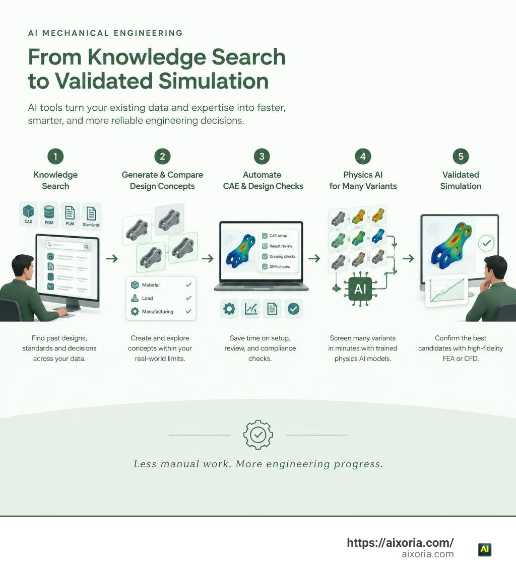AI mechanical engineering workflow from knowledge search to validated simulation infographic