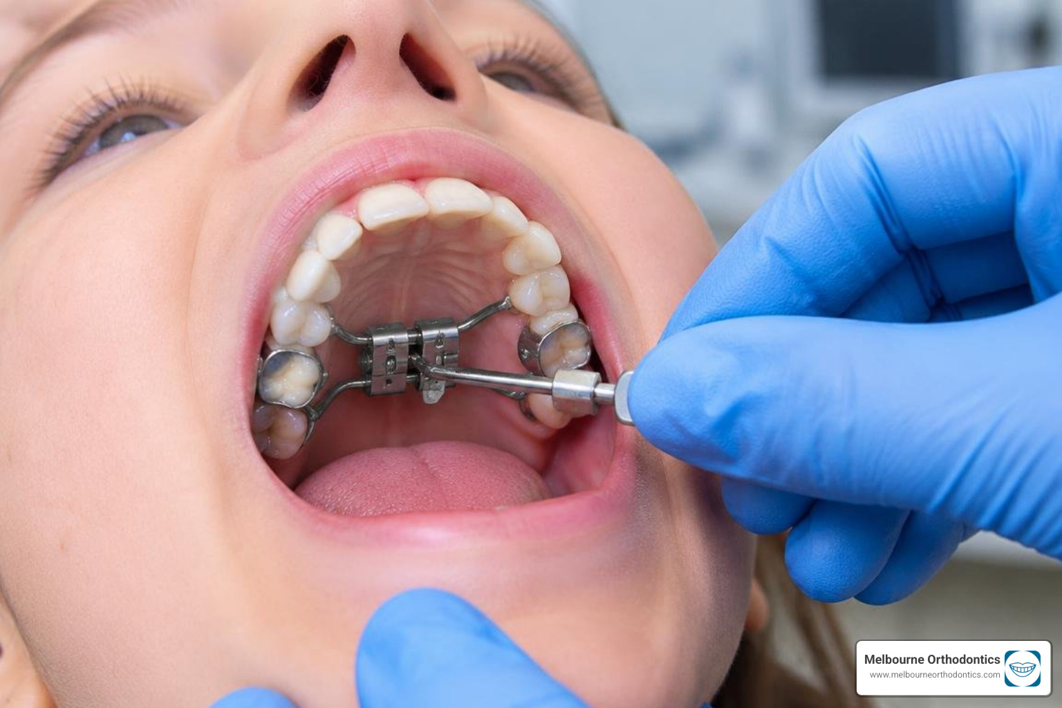 Parent inserting and turning an orthodontic palatal expander key safely Parent inserting and turning an orthodontic palatal expander key safely